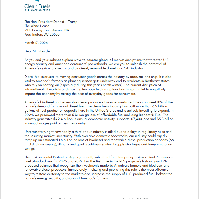 JarrettRenshaw's tweet photo. Today, six trade associations wrote a letter to President Trump urging him to unleash U.S. biodiesel and renewable diesel production to bolster America’s energy security during the conflict with Iran. https://t.co/0ntrz21NSv