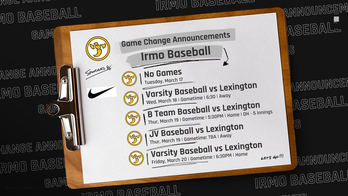Irmo Baseball has made some changes to their schedule this week due to the weather.

Check out the new times and dates.

Big region match ups with Lexington all week long!

#Sting'em