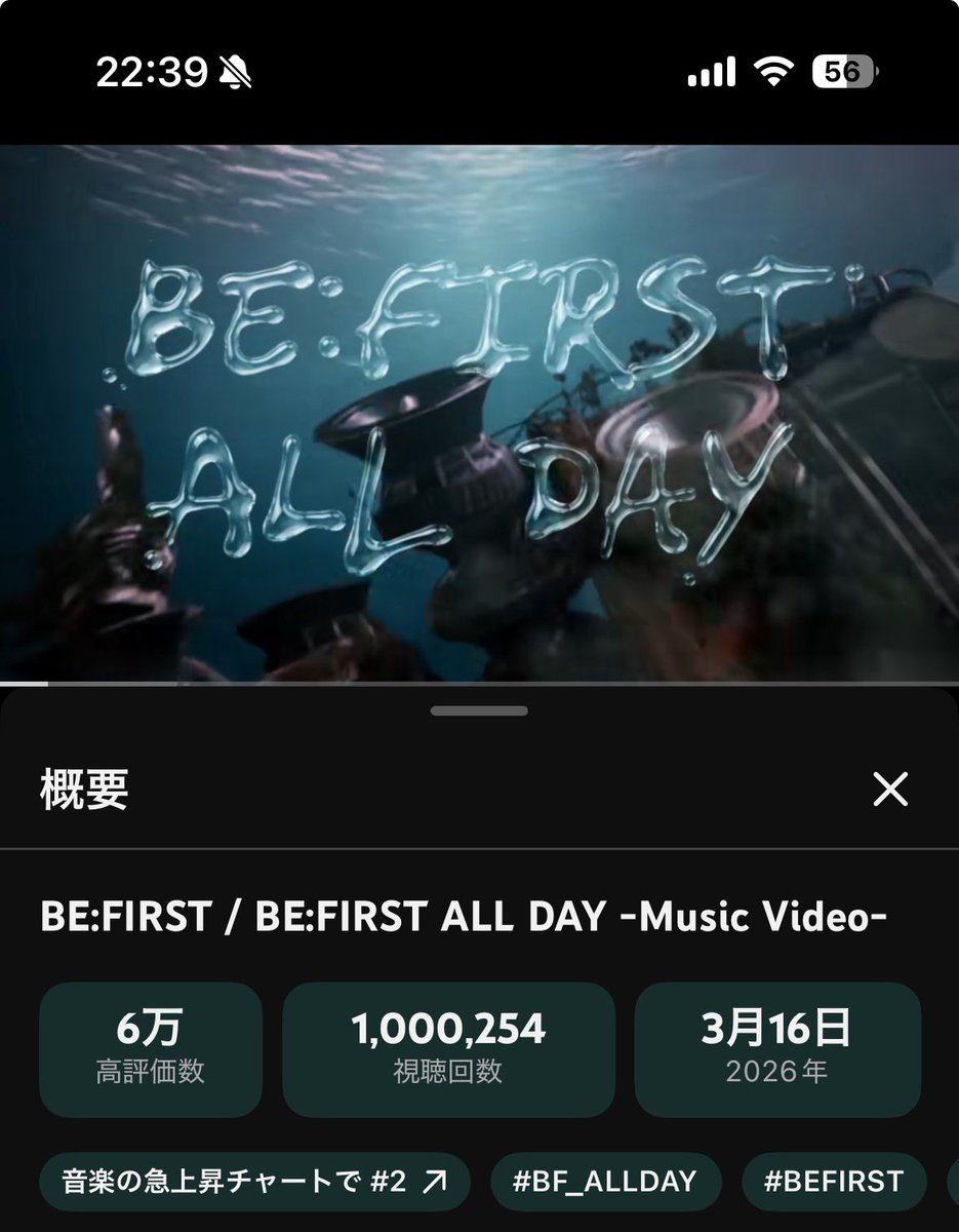 hydrang's tweet photo. #BFAD再生回数カウンター 
3/17 22:39
BE:FIRST ALL DAY MV
総再生回数 100万です🫧

2026年一発目は新たな名刺代わりになりそうな曲でした。
この曲を引っ提げて、今年はどこへ行くんだろうかと考えちゃいますね。 https://t.co/zmlOPXvvDq