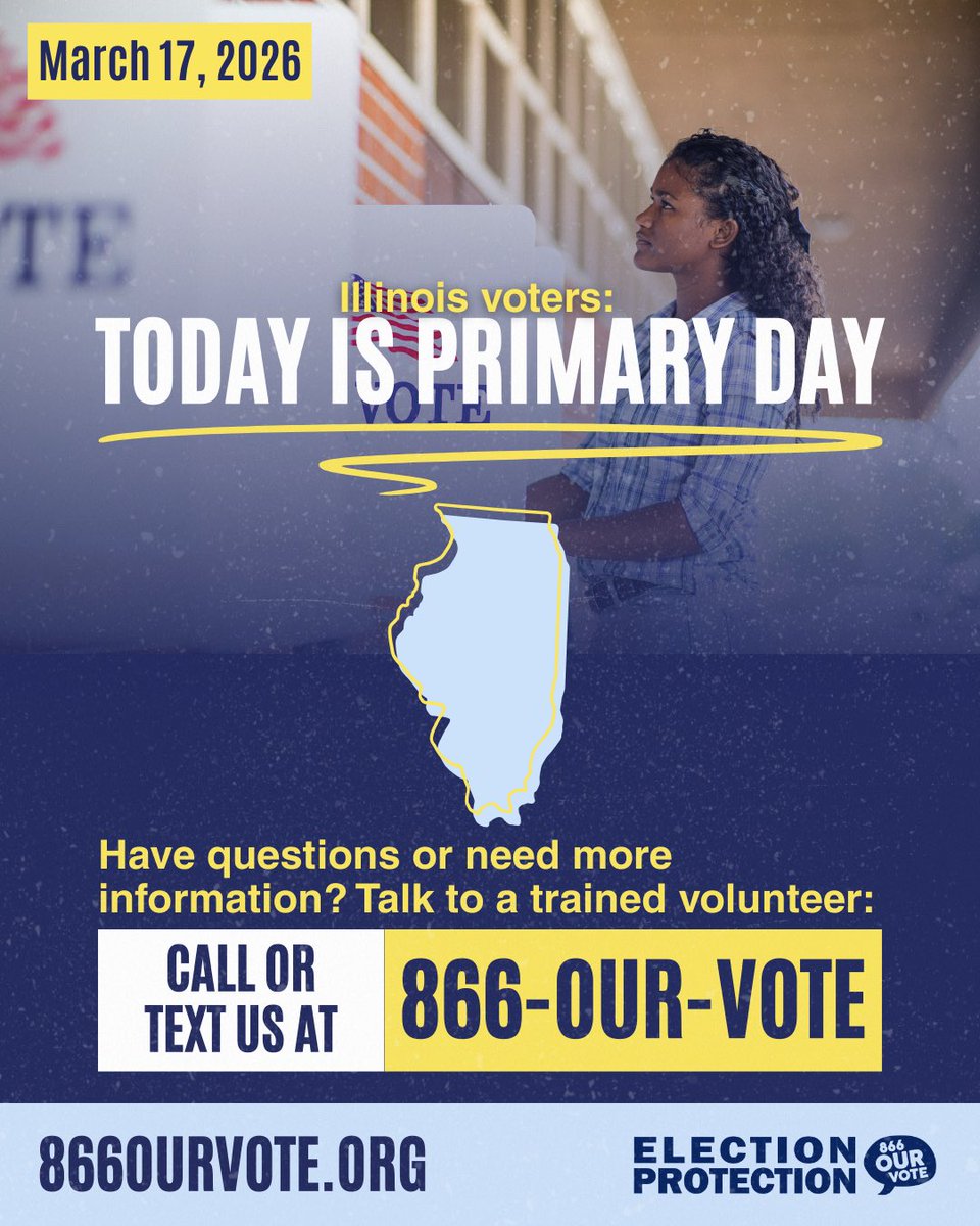 866OURVOTE's tweet photo. Illinois voters: today's your lucky day 🍀Its primary day! Contact us to receive non-partisan assistance with your voting questions or problems.

☎️ Election Protection Hotlines:
English: 866-OUR-VOTE
Spanish: 888-VE-Y-VOTA
Asian Languages: 888-API-VOTE
Arabic: 844-YALLA-US https://t.co/TVBW9uaaW5