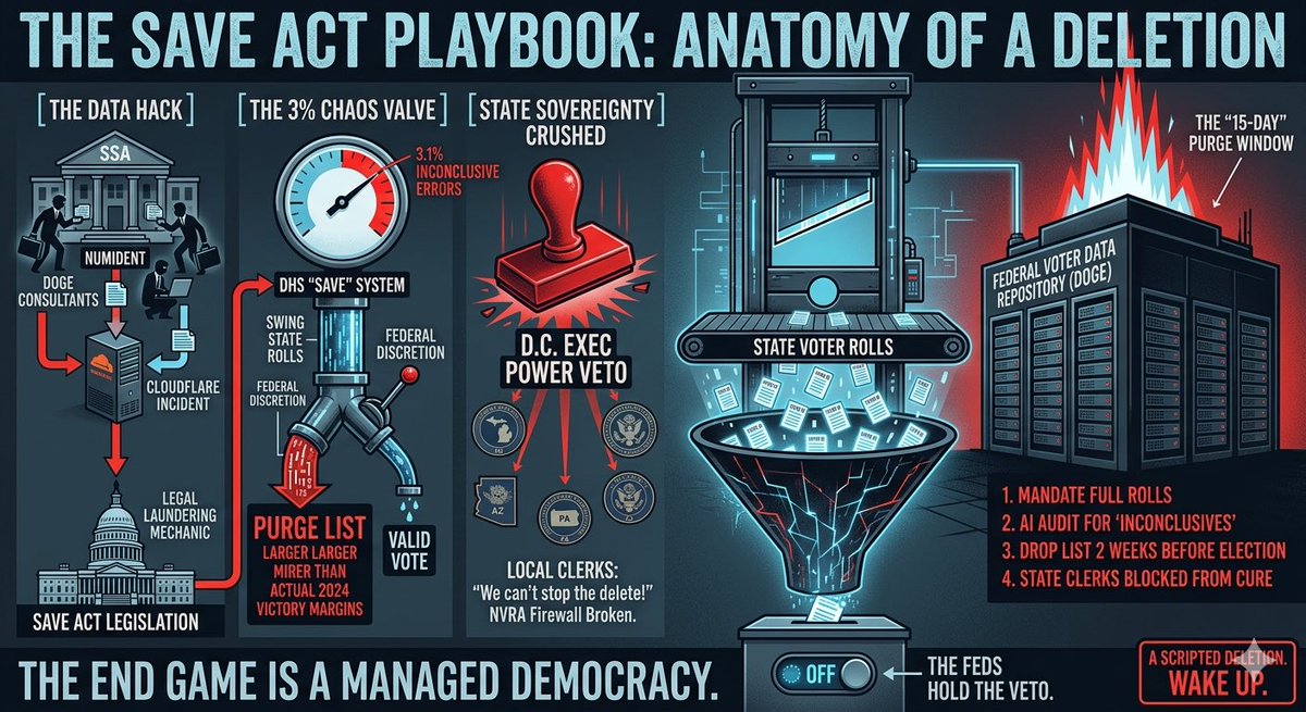 Steve9281758227's tweet image. The "logic bomb" is planted. If the SAVE Act passes, the 2026 Midterms won't be an election—they'll be a scripted deletion. We must protect the firewall of state-run elections before the Feds install a permanent "Delete" button. 🚨🚨🚨 #Alert #VoterSuppression #SAVEAct