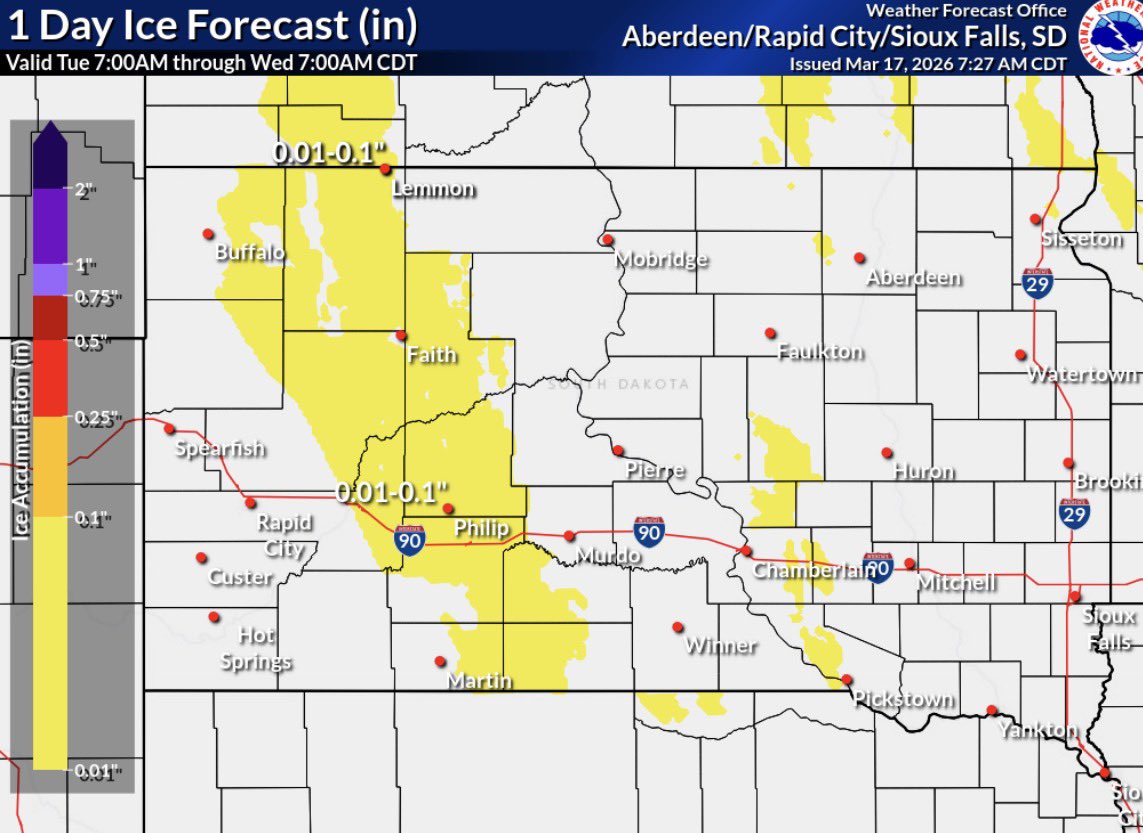 SDHighwayPatrol's tweet photo. ⚠️ Weather Alert ⚠️
Blowing snow and potential freezing rain could lead to slick roadways and reduced visibility in some areas today. Freezing rain remains the primary concern on the back side of the system. #drivesafeSD https://t.co/iaTTio7h9X