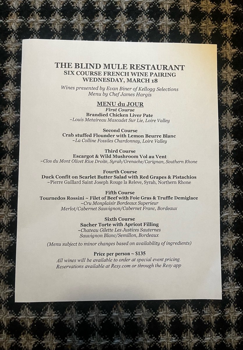Last call for The Blind Mule’s 6 Course French Wine Pairing on Wednesday, March 18, 6:00pm. Reservations available until noon on March 17. Bon Apetit! 💕
Check out Blind Mule March 18 ~ Six Course French Wine Dinner on Resy. resy.com/link?venue_id=…