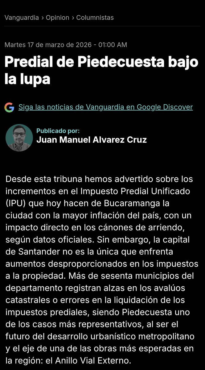 El predial #Piedecuesta fuera de toda lógica pone en riesgo el desarrollo.

⌛️ Una actualización catastral "express" 
🔎2026 sin convenio con <a href="/AreaMetroBga/">Área Metropolitana de Bucaramanga</a> impide acceso a ciudadanos
📈 Avalúos inflados
⚠️ Errores en la liquidación del IPU

Análisis aquí: goo.su/ecbzA5g