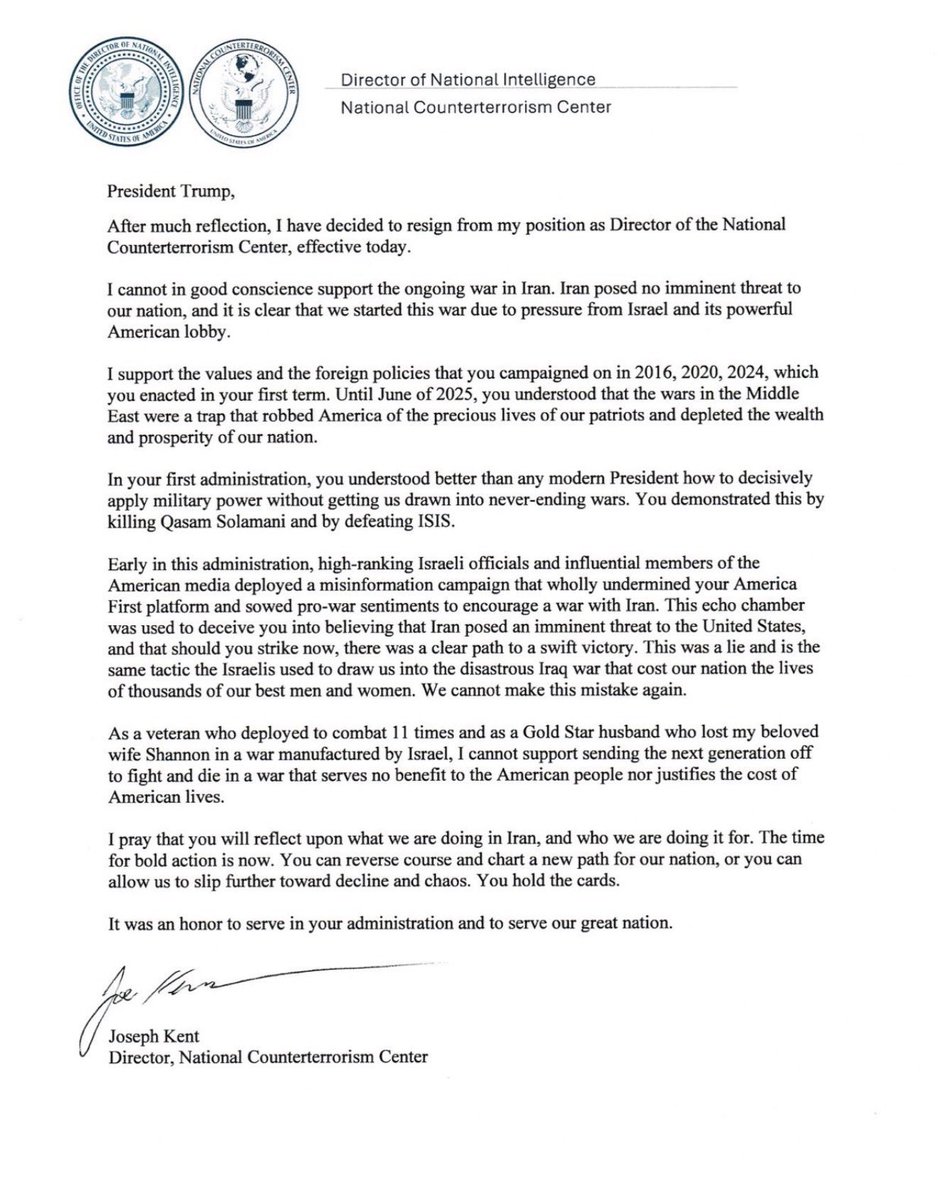 Kagan_M_Dunlap's tweet image. BREAKING: Joe Kent, the Director of the National Counterterrorism Center, has Resigned.

His resignation letter is attached.