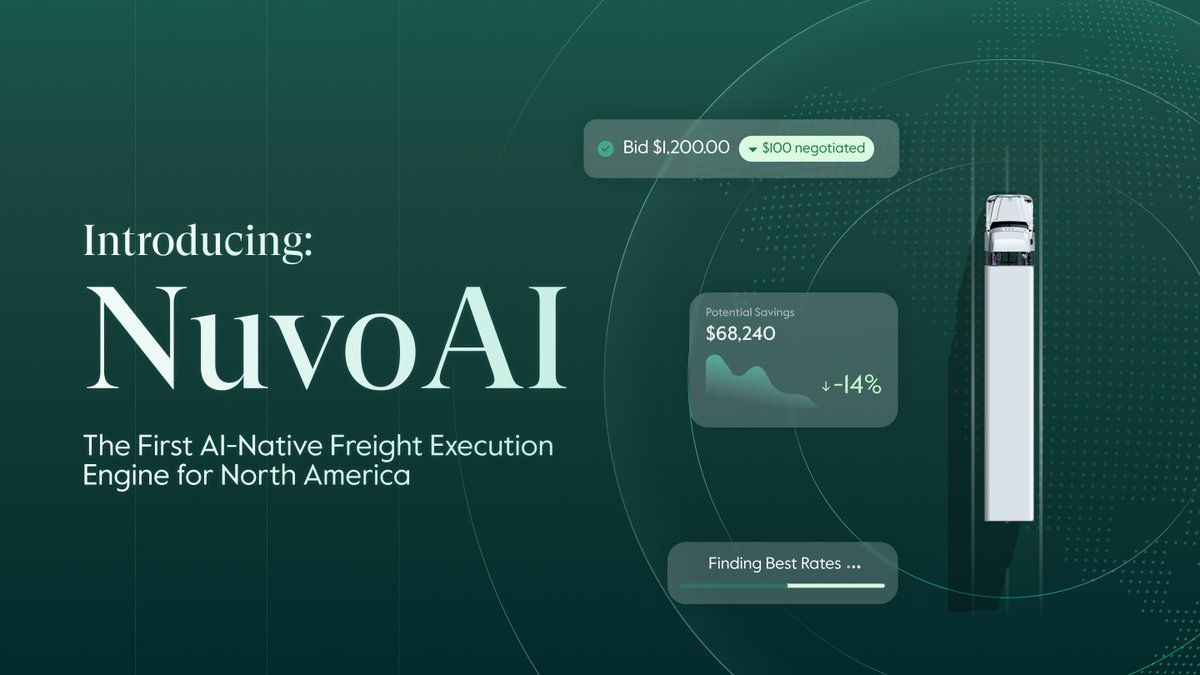 nuvocargo's tweet photo. Nuvo AI is live.

The first AI-native freight execution engine for North American shippers.

12+ AI agents + human experts. One platform. End-to-end freight execution.
Start with 10 loads. See what's possible.
https://t.co/PgHI0SN51H https://t.co/NKdWKHeFJU