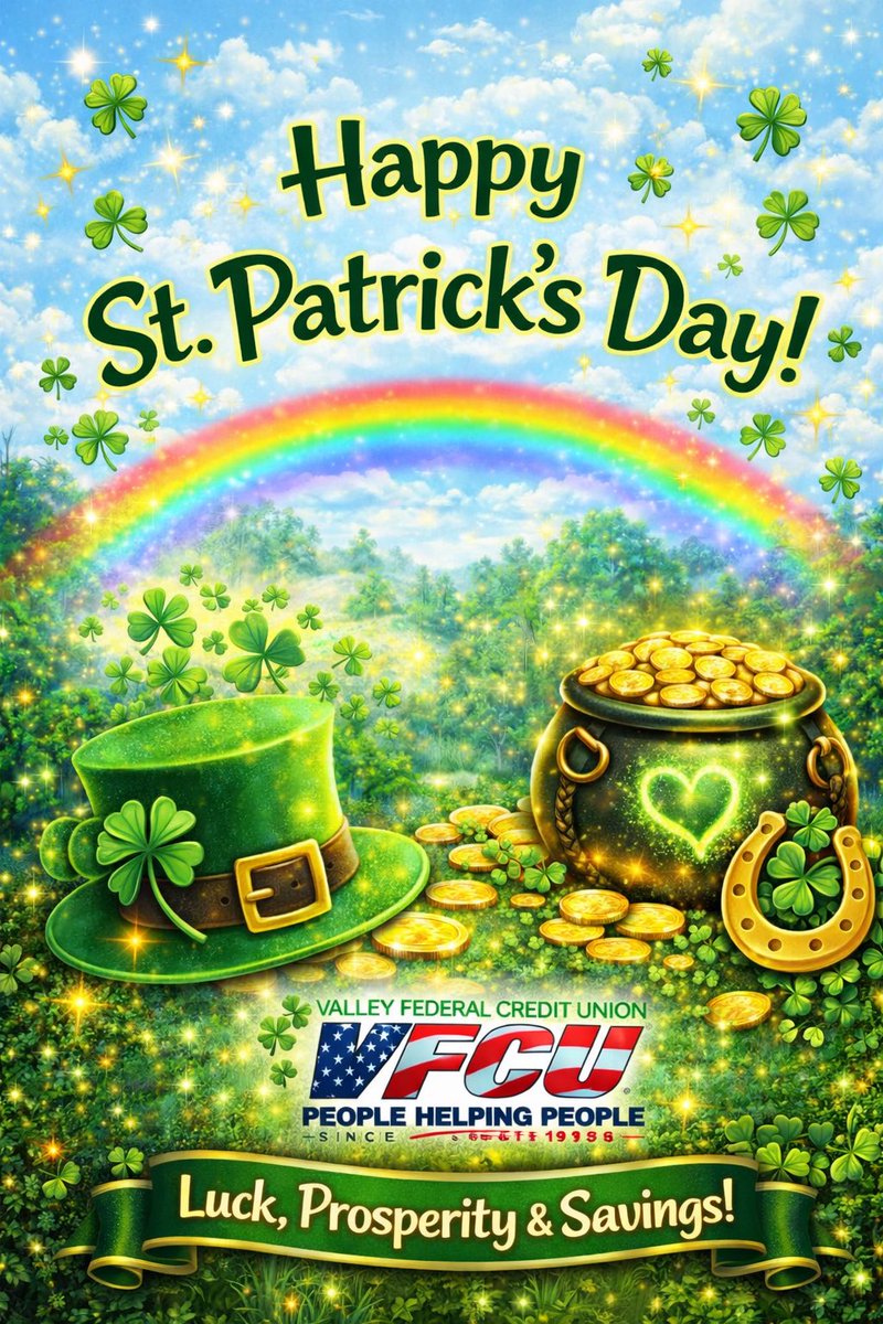 ValleyFCU's tweet photo. Happy St. Patrick’s Day from all of us at VFCU! 🍀💚

Wishing you a day filled with a little extra luck, a lot of smiles, and financial wellness that shines like gold at the end of the rainbow ✨💰

#StPatricksDay #SouthTexas #PeopleHelpingPeople #RGV #FinancialWellness https://t.co/eeWKy58WGP