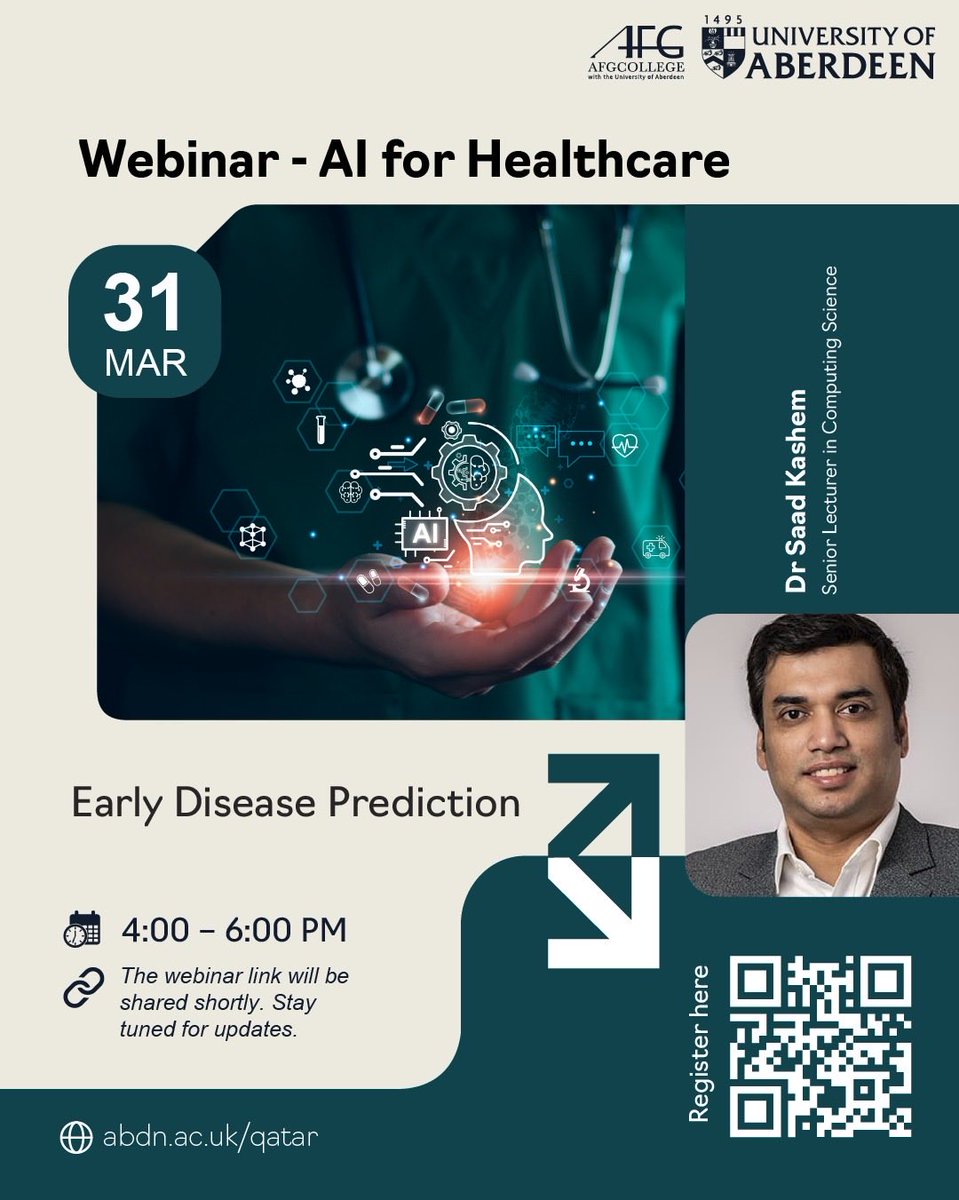 Join us for an insightful webinar on AI for Healthcare: Early Disease Prediction, delivered by Dr Saad  Kashem, Senior Lecturer in Computing Science. Discover how artificial intelligence and machine learning are transforming healthcare through early disease detection.

Date: