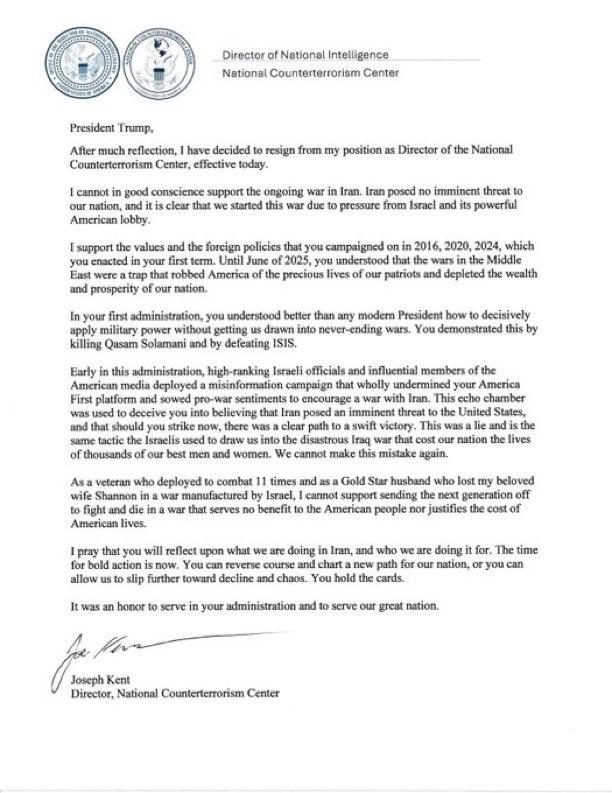 ShaykhSulaiman's tweet image. BREAKING: FIRST SENIOR TRUMP ADMINISTRATION OFFICIAL TO RESIGN OVER THE WAR WITH IRAN