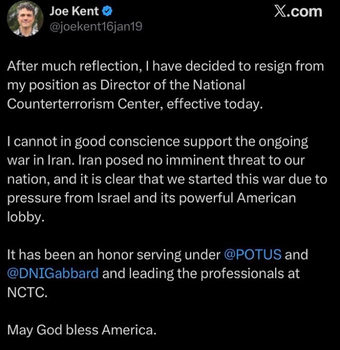 ShaykhSulaiman's tweet image. BREAKING: FIRST SENIOR TRUMP ADMINISTRATION OFFICIAL TO RESIGN OVER THE WAR WITH IRAN