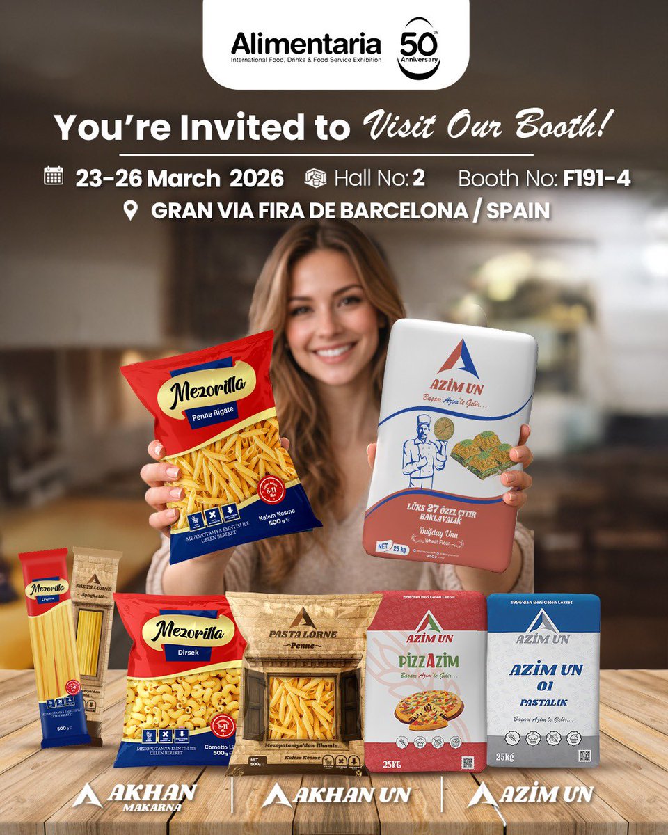 Alimentaria Barcelona’dayız!
23–26 Mart | Fira Barcelona Gran Via

Un ve makarnadaki üretim gücümüz ve geniş ürün portföyümüzle sizleri standımıza bekliyoruz.

We’re at Alimentaria Barcelona!
March 23–26 | Visit our stand for new collaborations.

#AKHAN