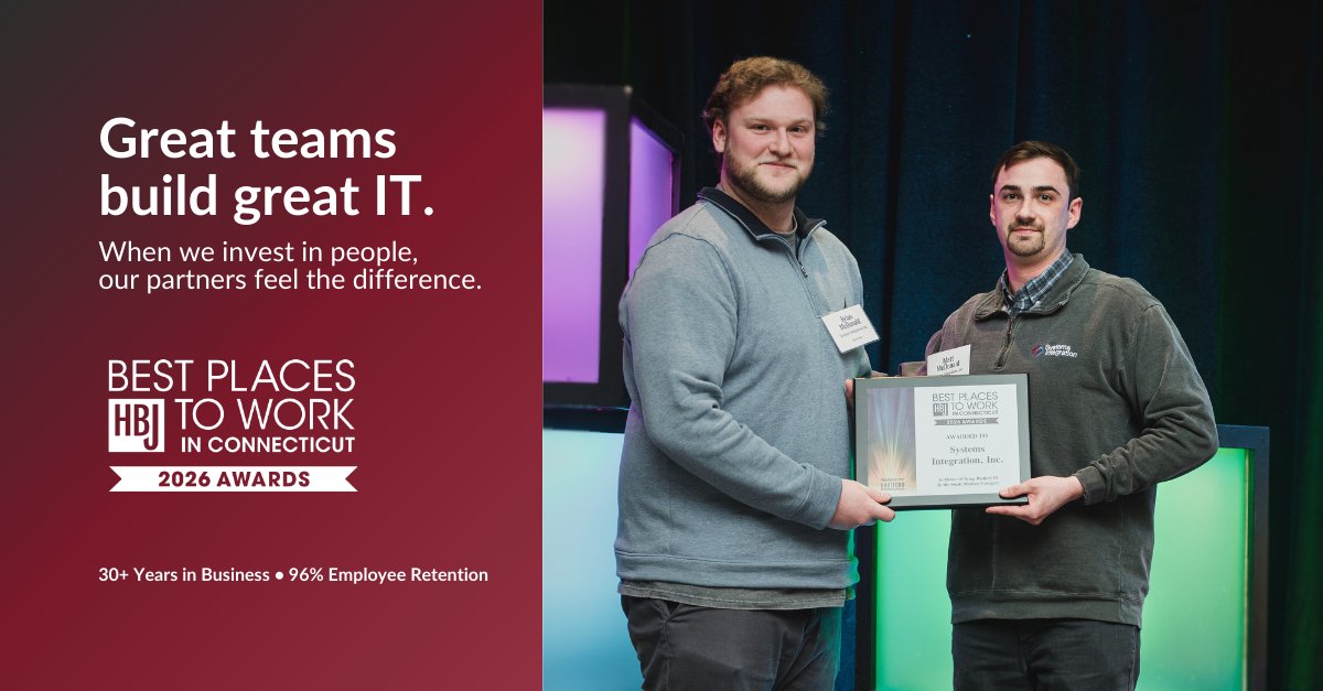 SYSINTCT's tweet photo. We’re honored to share that Systems Integration, Inc. has been named #3 Best Workplace by the Hartford Business Journal!

Shoutout to Matt and Brian for representing our team and accepting the award!

https://t.co/LGSPu2inKj
#BestWorkplaces #CompanyCulture #TeamSII https://t.co/z54a4gSoix