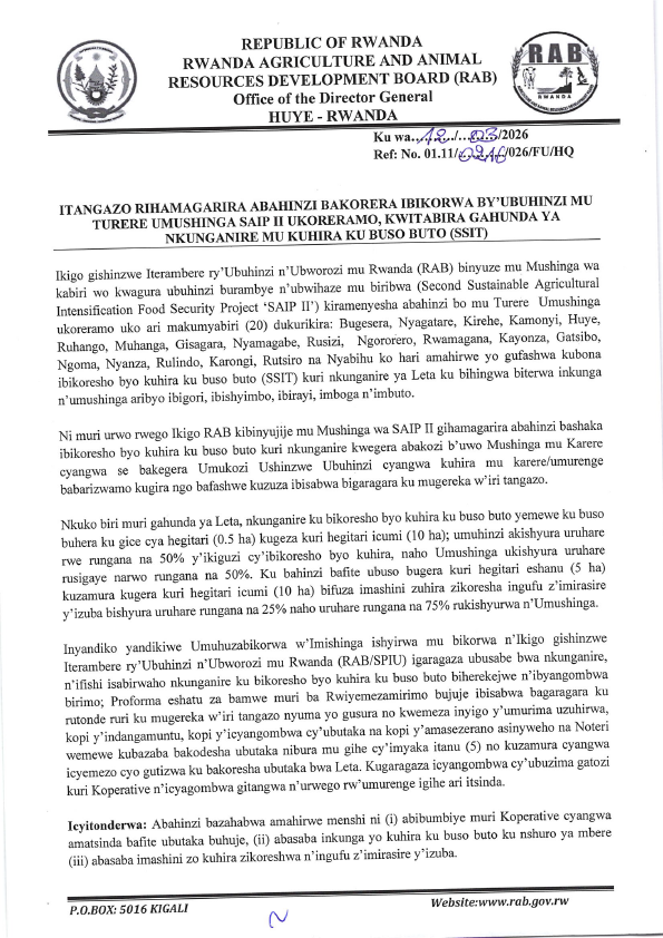 HGTRwanda's tweet photo. Itangazo rihamagarira abahinzi bakorera ibikorwa by'ubuhinzi mu turere umushinga SAIP II ukoreramo, kwitabira gahunda ya #nkunganire mu kuhira ku buso buto (SSIT). https://t.co/MK4O9mI4GZ
