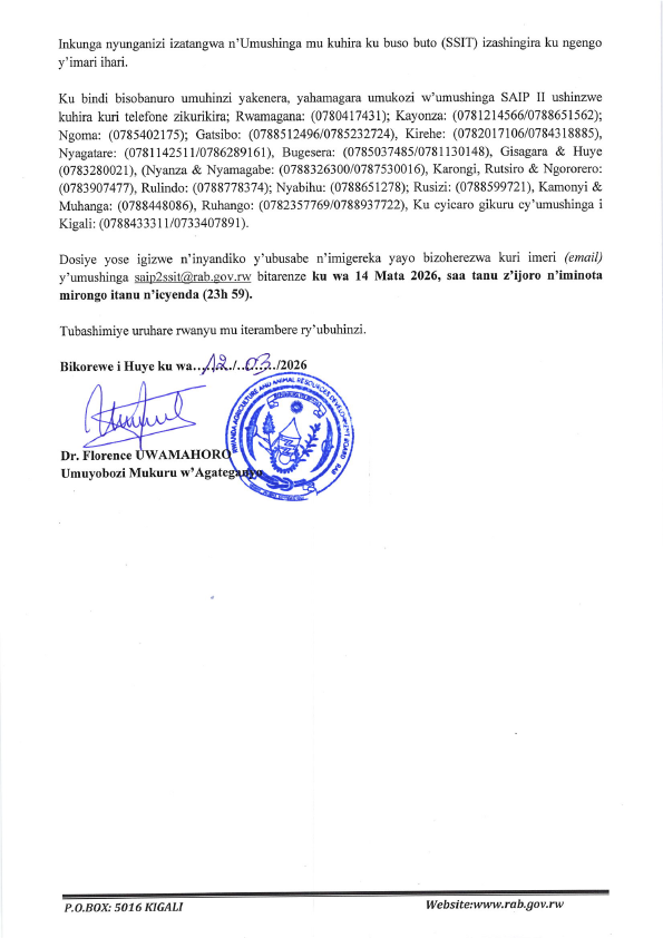 HGTRwanda's tweet photo. Itangazo rihamagarira abahinzi bakorera ibikorwa by'ubuhinzi mu turere umushinga SAIP II ukoreramo, kwitabira gahunda ya #nkunganire mu kuhira ku buso buto (SSIT). https://t.co/MK4O9mI4GZ
