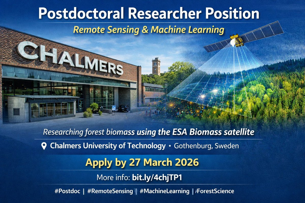 earth_verde's tweet photo. Postdoc Opportunity —  data-driven methods for remote sensing of forests using the ESA Biomass -Chalmers University of Technology.
📍 Gothenburg, Sweden 
📷 Apply by 27 Mar 2026 
 https://t.co/1AZPJo0486
#Postdoc #RemoteSensing #MachineLearning #EarthObservation #ForestScience https://t.co/Ycxshu7hkS