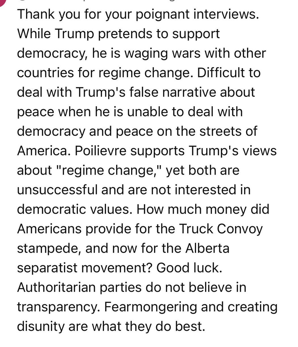 LauraBabcock's tweet photo. “Authoritarians do not believe in transparency. Fear mongering and creating disunity are what they do best,” OShow viewer. Poilievre and Ford support Trump’s illegal war in Iran.
The authoritarian call is coming from inside the house 🇨🇦
https://t.co/Jo2cEAeCON #Cndpoli #Onpol https://t.co/Z0RKYuAqJn