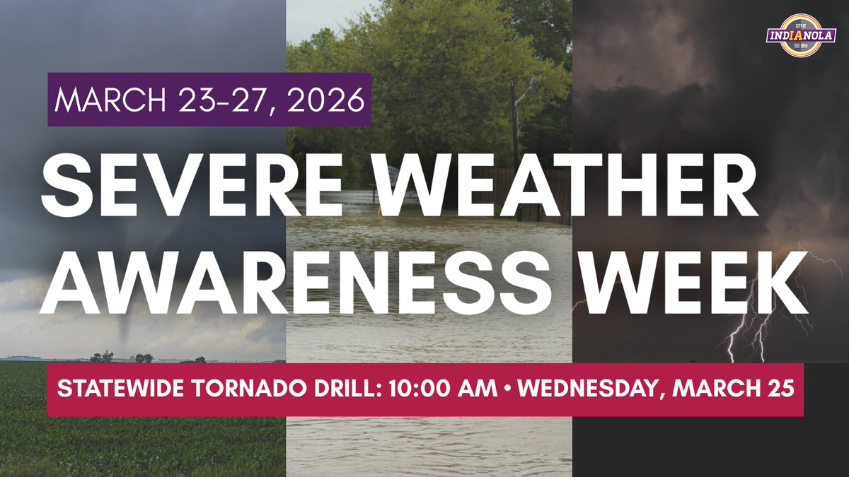 cityofindianola's tweet photo. Severe Weather Awareness Week in Iowa is March 23-27. This observance is a reminder to prepare and stay informed during the unpredictable forces of nature.
Also: A statewide tornado drill is scheduled for 10 a.m. Wednesday, March 25. #swaw26 #iawx
https://t.co/miq1O9PeJD https://t.co/4nbG3Yf0K6