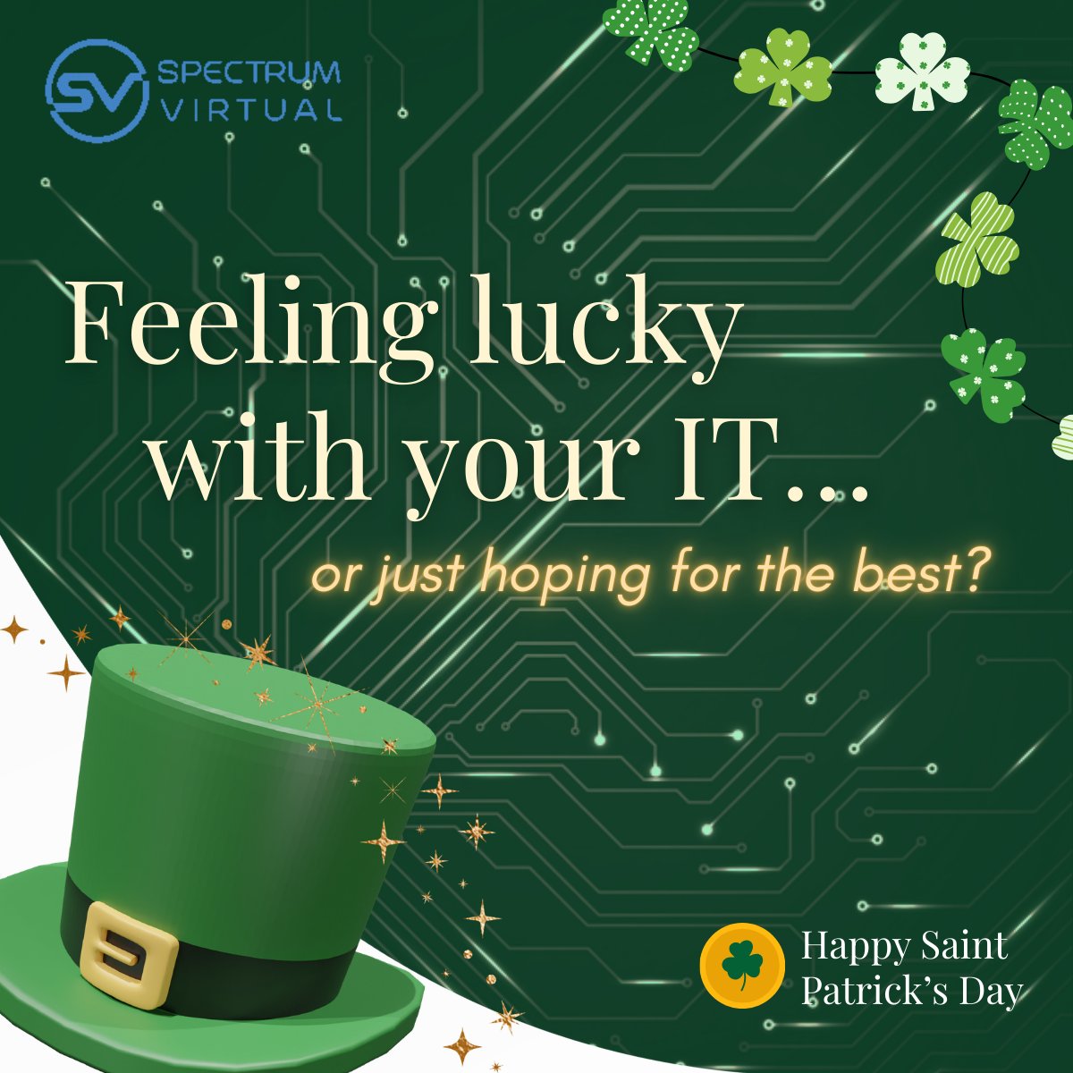 spectrumvirt's tweet photo. From cloud management to desktop support, we have your business covered this holiday. May your systems run smoothly and your day be filled with many reasons to celebrate.

#SpectrumVirtual #StPatricksDay #VirtualSupport #CloudSystems #ManagedIT https://t.co/RbCT0l1El4