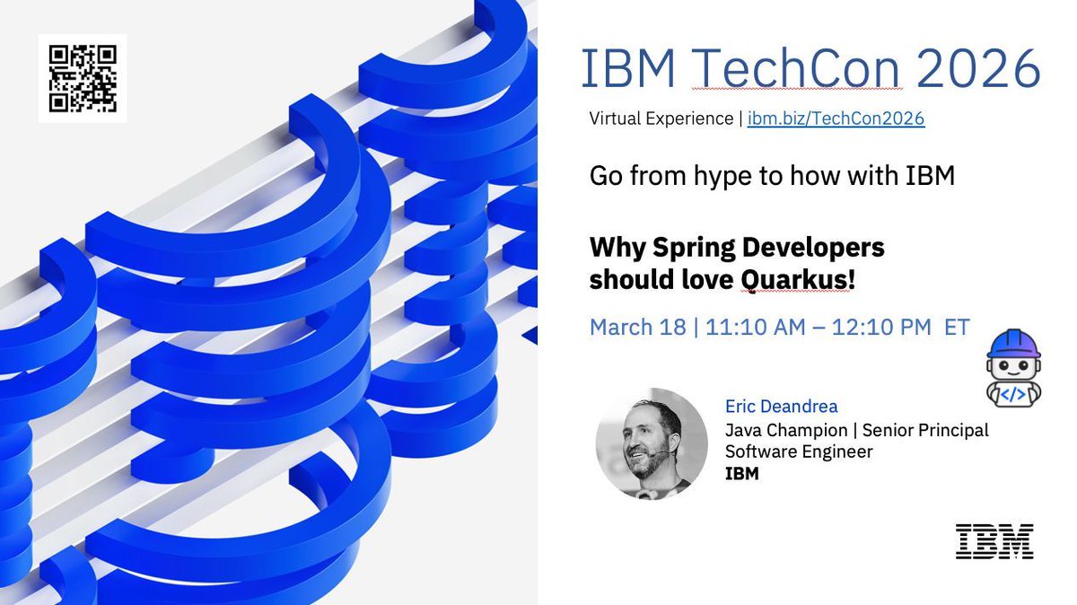 edeandrea's tweet photo. Want to know why #Spring developers love @quarkusio? Join me virtually at #IBM #TechCon 2026 Wednesday March 18 at 11:10am EDT to know why!

https://t.co/LGIA9IhLUP https://t.co/FI2yKMLn5F