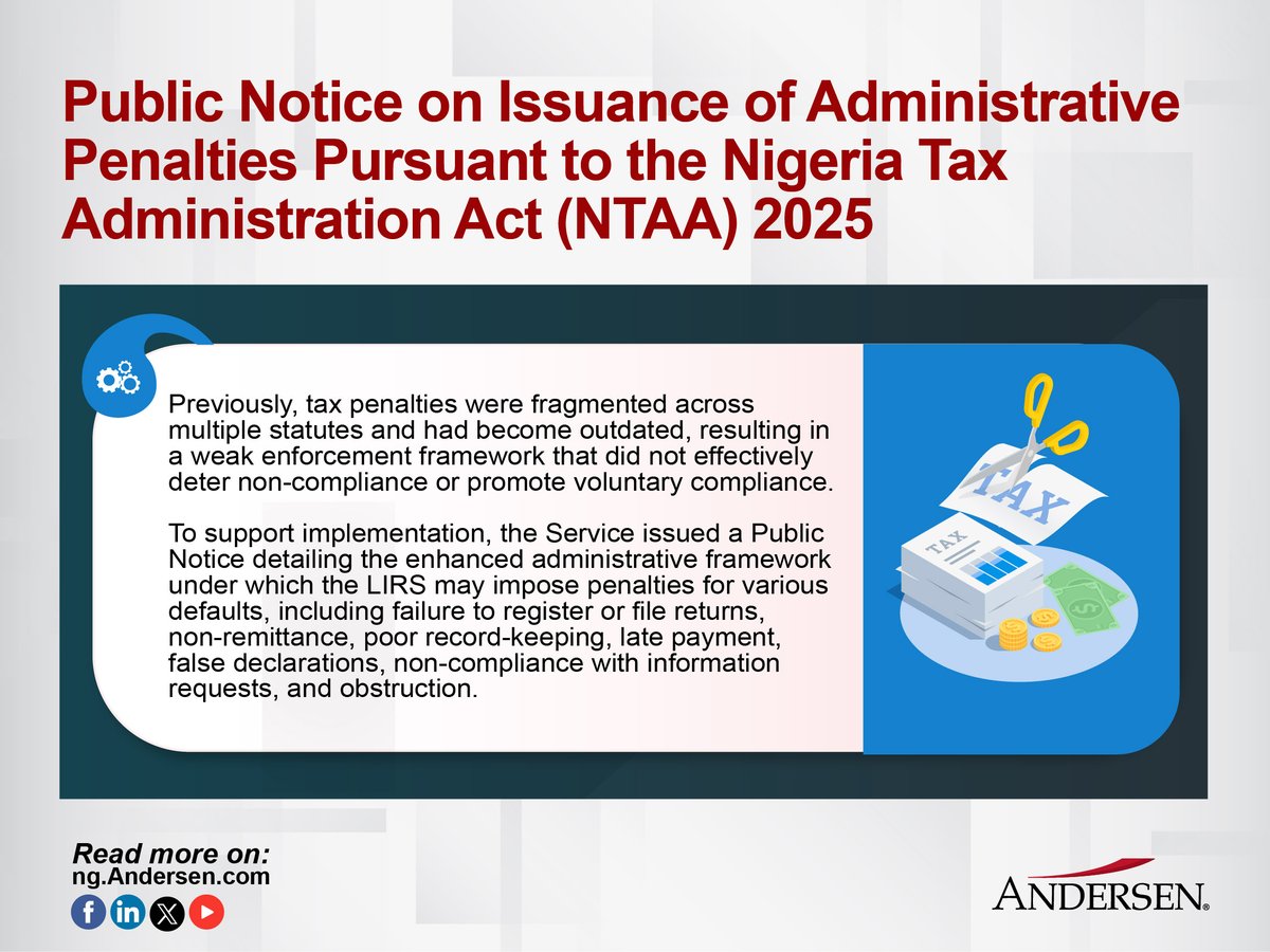 AndersenNigeria's tweet photo. 📢To support implementation, the Service issued a Public Notice detailing the enhanced administrative framework under which the LIRS may impose penalties for various defaults.
🔍 Read More: https://t.co/B7ADEn8feN
#NTA #NTAA #LIRS #AndersenNigeria https://t.co/XUO8z5noRe