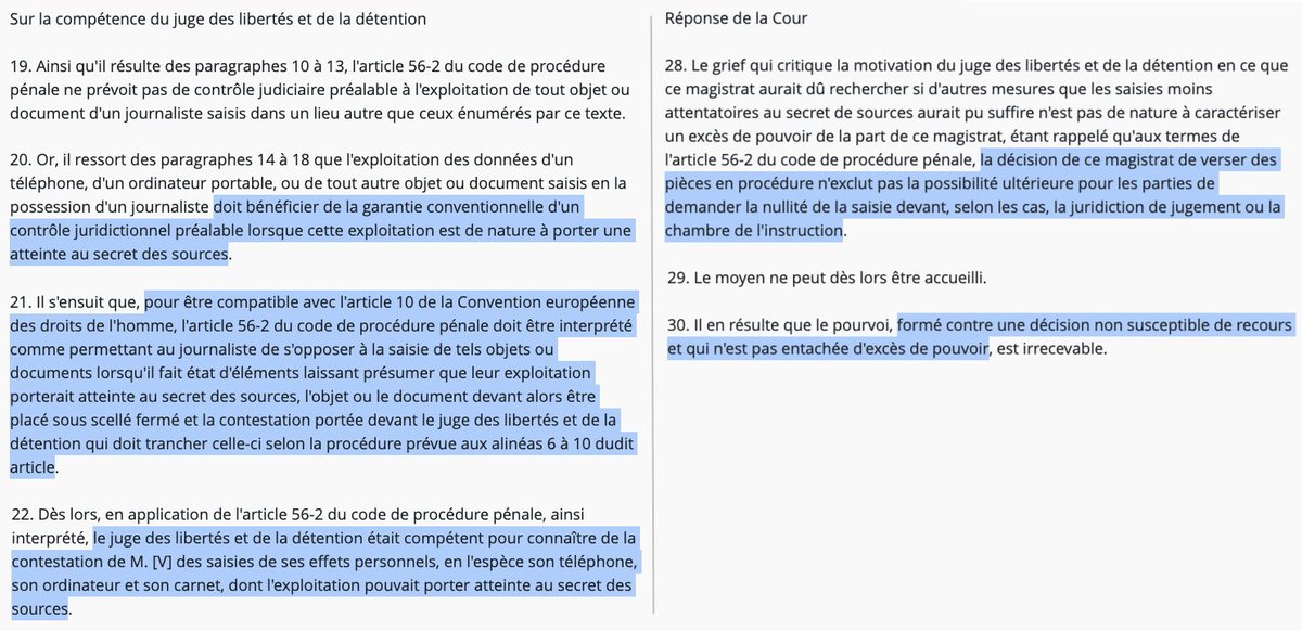 Secret des sources journalistiques : De façon inédite &amp; via la CEDH, la <a href="/Courdecassation/">Cour de cassation</a> reconnaît qu'un journaliste peut s'opposer à la saisie d'éléments liés au secret des sources.

En saisissant le juge des libertés &amp; de la détention.

Mais pas de recours contre sa décision.