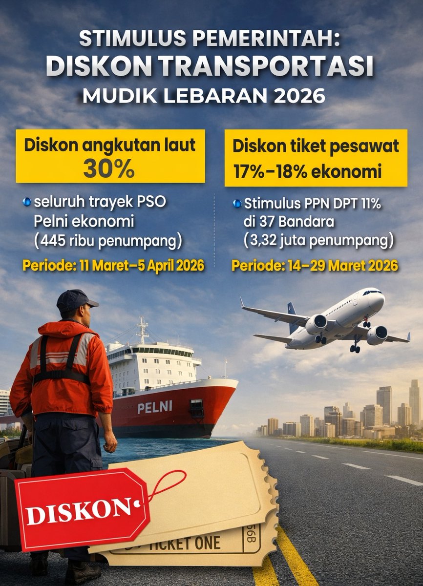 blondfe's tweet photo. Tahun 2026 mudik lebih ngirit, angkutan laut PSO Pelni diskon 30% dan tiket pesawat ekonomi 1718% lewat #DiskonMudik PPN DTP https://t.co/ag22Z724Ch
