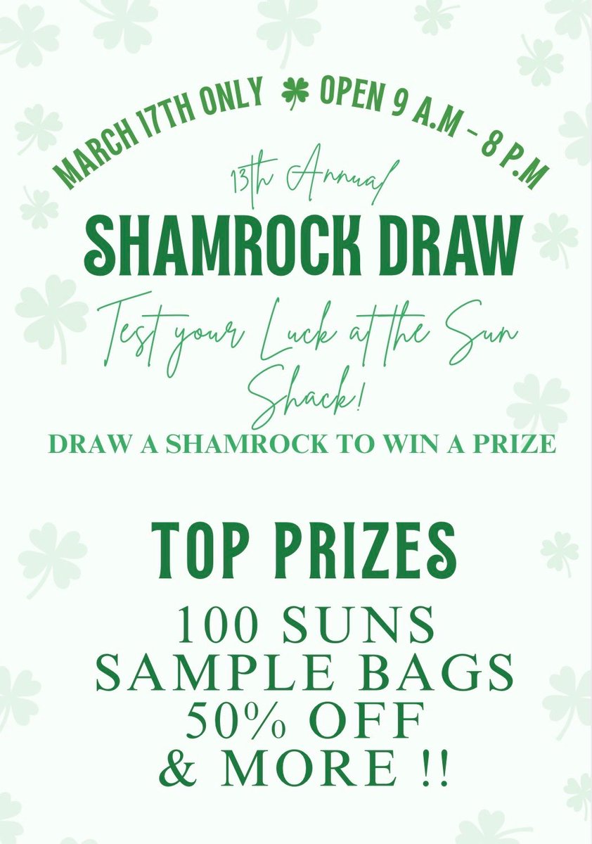 SunShackBenton's tweet photo. Come see us to today wearing your visible green and she how lucky you are. Don’t miss out on a chance to win some amazing deals.  #stpatricksday☘️ #green #weargreen #lucky #deals https://t.co/qD2ATK7eMX