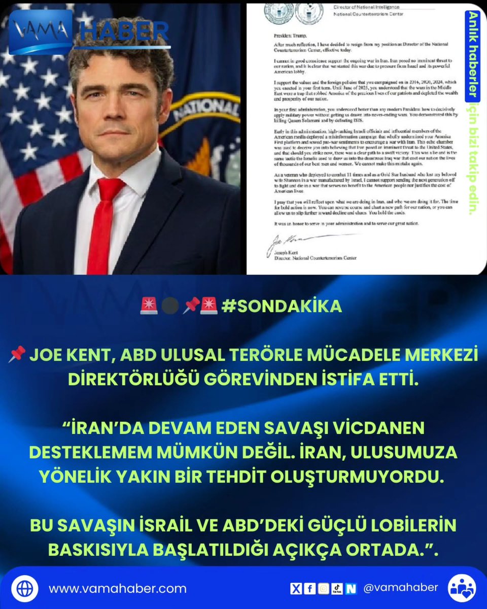 Joe Kent, ABD Ulusal Terörle Mücadele Merkezi Direktörlüğü görevinden istifa etti. “İran’da devam eden savaşı vicdanen desteklemem mümkün değil. İran, ulusumuza yönelik yakın bir tehdit oluşturmuyordu. Bu savaşın İsrail ve ABD’deki… #vamahaber #abd #iran #israel #reelsinstagram