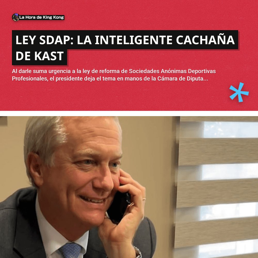 horadekingkong's tweet photo. 🔥 Ley SDAP: la inteligente cachaña de Kast
👉 Léela completa en el siguente link:
https://t.co/eF54SSZoVQ
##JoséAntonioKast ##MinisteriodelDeporte ##LeySDAP ##NataliaDucó ##JuanTagle ##ANFP;#PabloMIlad ##LaHoradeKingKong https://t.co/ufODUwQtZj
