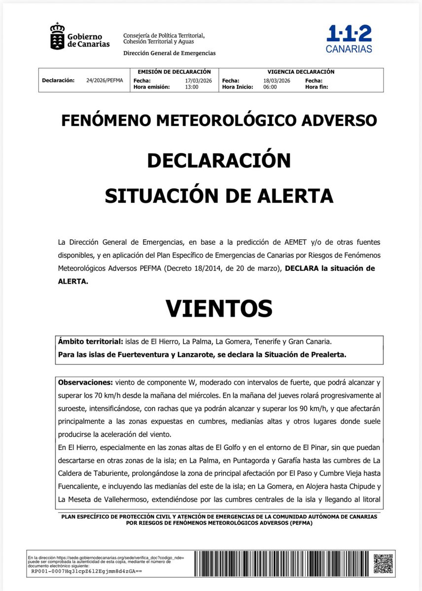 RTVCes's tweet photo. 🔴La Dirección General de Emergencias del Gobierno de Canarias declara:

📌 ALERTA por vientos | El Hierro, La Palma, La Gomera, Tenerife y Gran Canaria

👉PREALERTA | Fuerteventura y Lanzarote

🗓️Desde las 06:00 del 18 de marzo de 2026

➡️https://t.co/TAlCalR7MT https://t.co/L751qOxz15