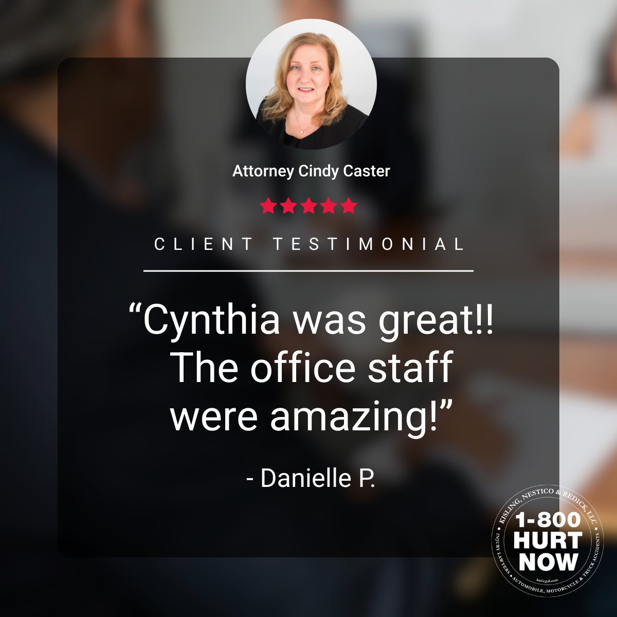 At KNR, our team's dedication shines through in every case. Attorney Cindy Caster's recent client praise is a testament to the personal touch we bring to legal representation. Proud of our team for consistently putting clients first!