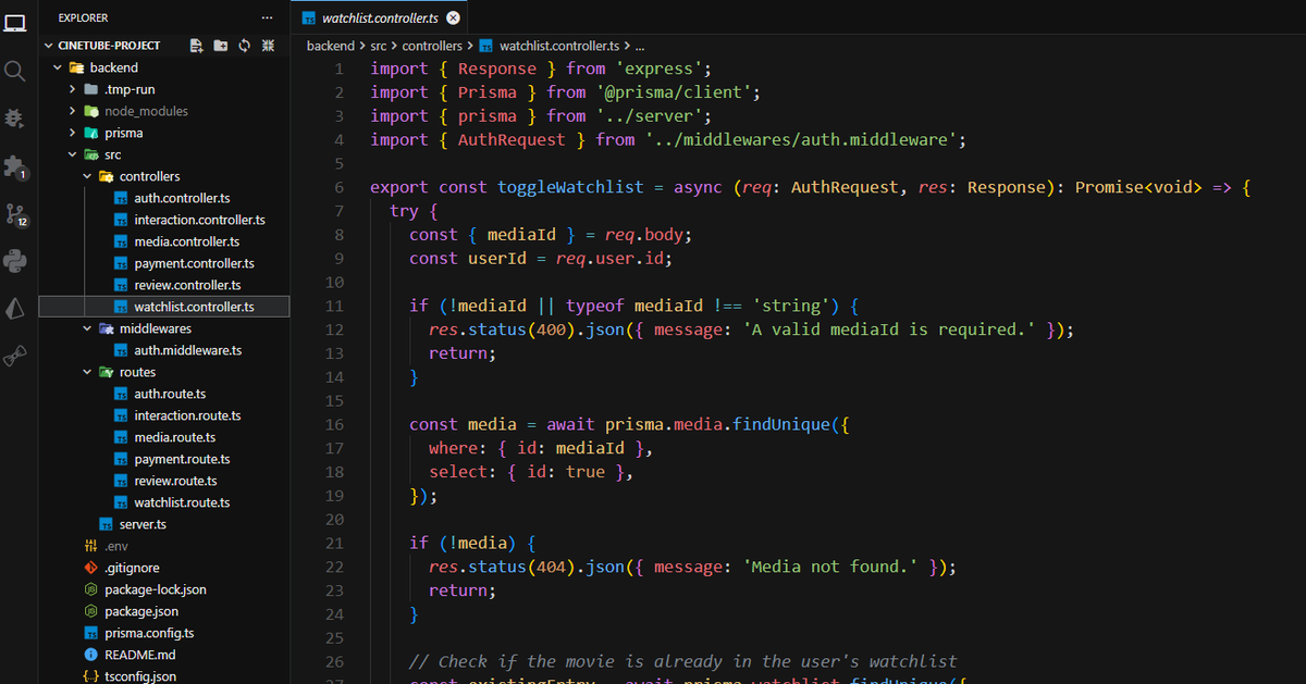 niloyhakimdev's tweet photo. Just finished building the backend of my project CineTube 🎬

Stack:
Node.js + Express + TypeScript
Prisma + PostgreSQL
JWT Auth + Stripe Payments
Built features like auth, media system, watchlist &amp; payments.

Now moving to frontend 🚀

#buildinpublic #100DaysOfCode #webdev https://t.co/uaf3R7CdyN
