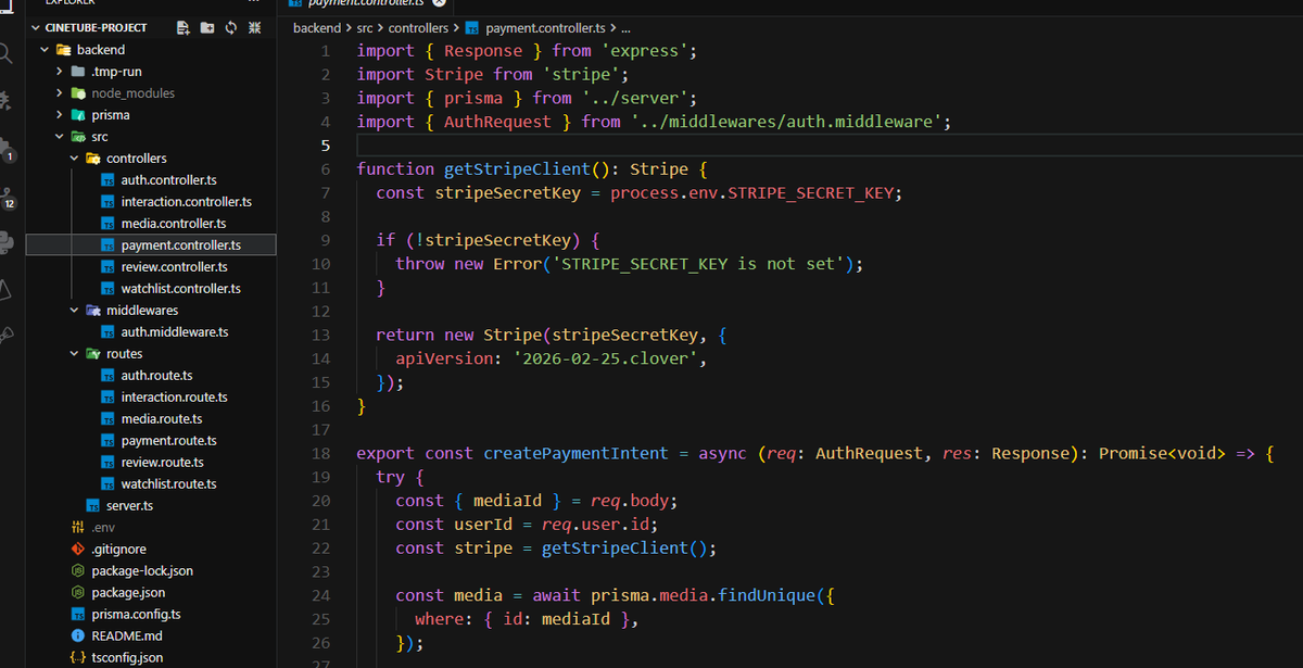 niloyhakimdev's tweet photo. Just finished building the backend of my project CineTube 🎬

Stack:
Node.js + Express + TypeScript
Prisma + PostgreSQL
JWT Auth + Stripe Payments
Built features like auth, media system, watchlist &amp; payments.

Now moving to frontend 🚀

#buildinpublic #100DaysOfCode #webdev https://t.co/uaf3R7CdyN