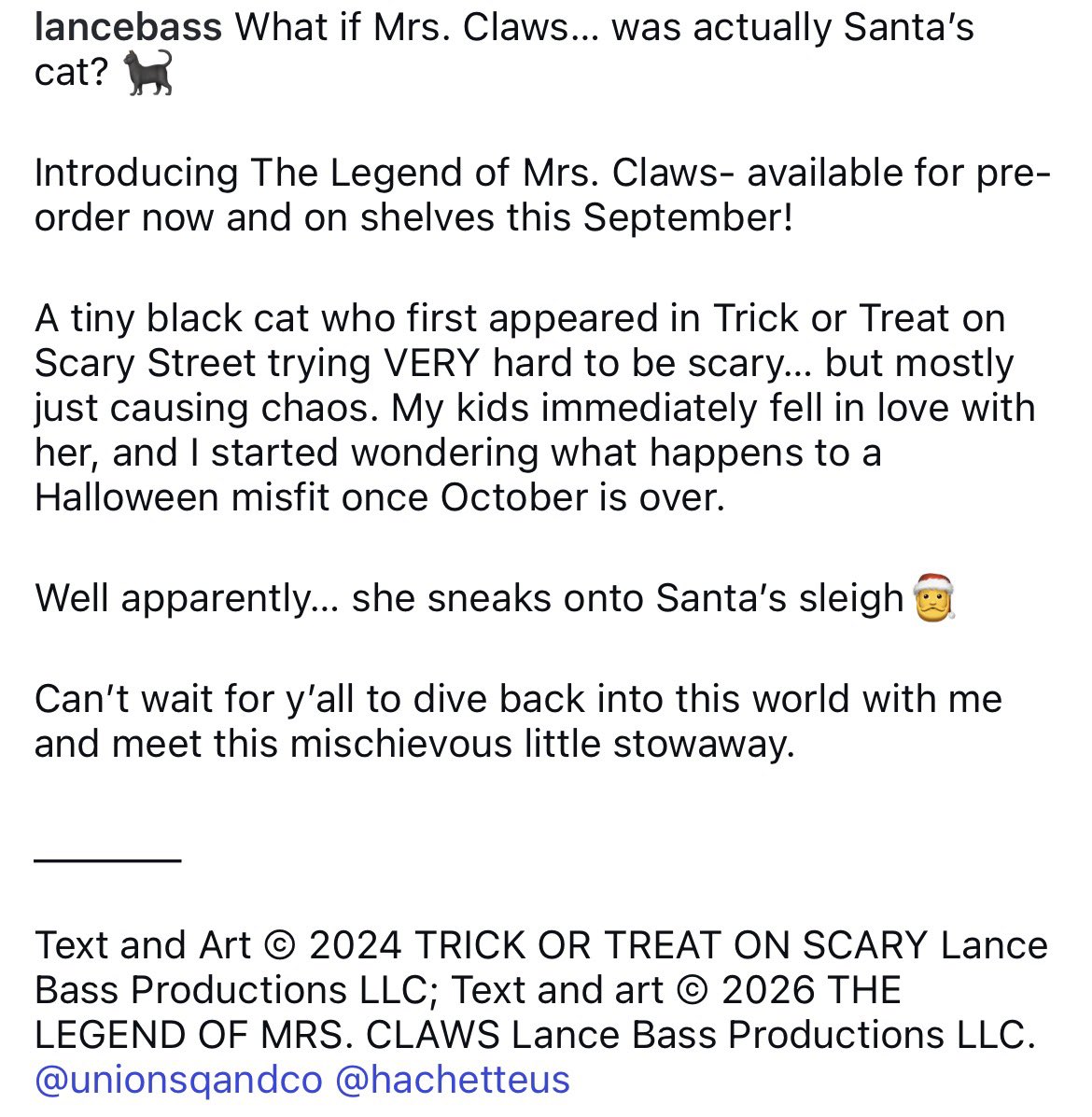 LanceBassLove's tweet photo. Lance’s IG (March 17, 2026):

Great News to wake up to!! Lance’s newest children’s book, “The Legend of Mrs. Claws” will be released this September! The small black cat, which was first featured in Scary Street, stars in this story! You can pre-order here: https://t.co/jQAl7XOkiP https://t.co/ZCbTPfHfhk