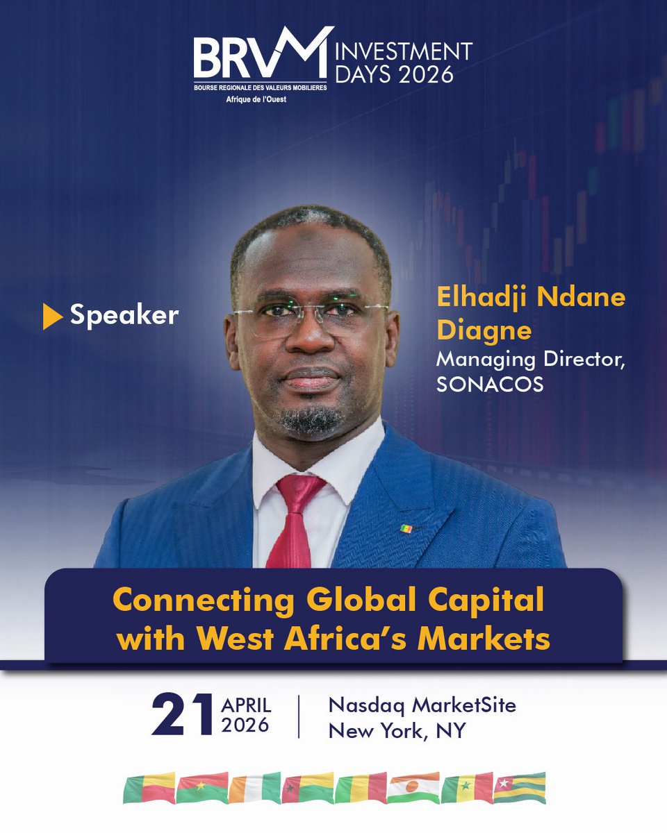 SonacosS's tweet photo. Le Directeur Général de la SONACOS sera l’un des intervenants aux BRVM Investment Days, le 21 avril 2026 à New York.
Un rendez-vous stratégique pour promouvoir le potentiel industriel du Sénégal et renforcer notre ouverture à l’international. 🇸🇳🌍
#SONACOS #BRVM #UEMOA #NewYork https://t.co/Zq6Gd7W0r7