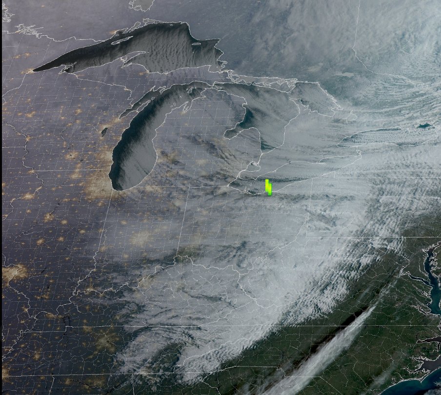 CuyahogaOEM's tweet photo. Satellite imagery from @NWSCLE  suggests that the loud boom heard across Northeast Ohio this morning may have been the result of a meteor.
The Cuyahoga County Office of Emergency Management is unaware of any ongoing safety concerns at this time. https://t.co/EbbEA7s0mv