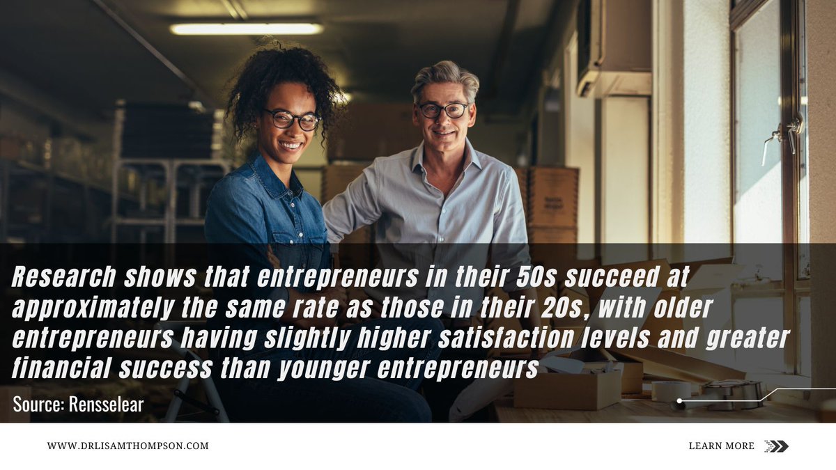 DrLisaThompson's tweet image. 54% of America's business owners are over 50. Join the powerful majority redefining later-life success. Start here: ➡️ drlisamthompson.com #BusinessWisdom #Over50Entrepreneurs