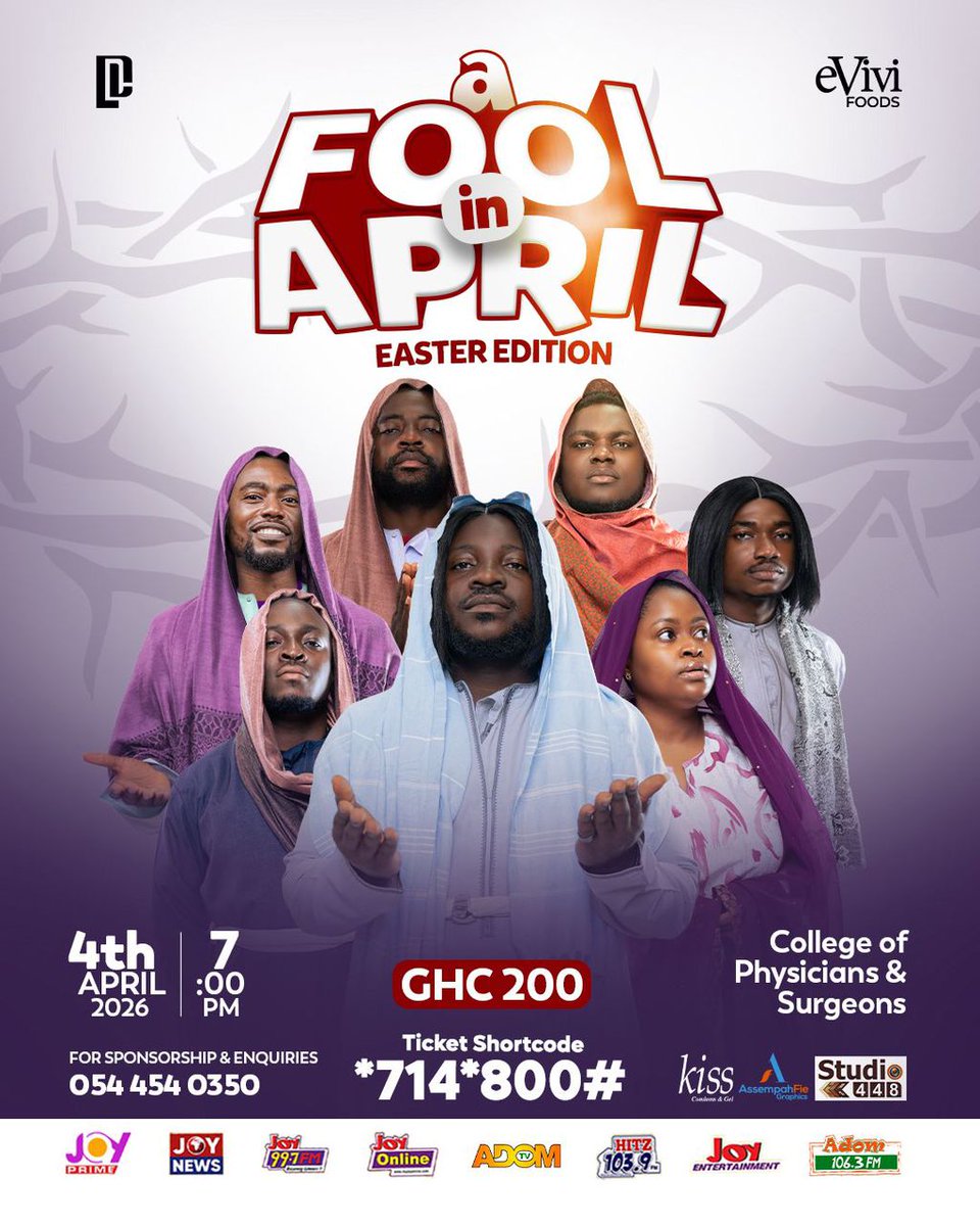 Asempa947_FM's tweet image. Laugh Out Loud This Easter!
Don’t miss A Fool in April: Easter Edition on Saturday, 4th April 2026, at 7 PM at the College of Physicians &amp;amp; Surgeons. Grab your tickets for GHC 200 now! Call 054 454 0350 or dial *714*800# to secure your spot today.

#AsempaFM