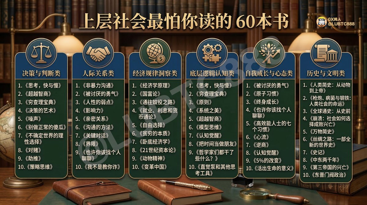 上层社会最怕你读的60本书！读完你就能掌握了上层社会的命门。

一、决策与判断类

1.  **《思考，快与慢》**：丹尼尔·卡尼曼经典著作，揭示大脑“快直觉”与“慢理性”两种思考模式，剖析认知偏差与决策谬误的根源。
2.