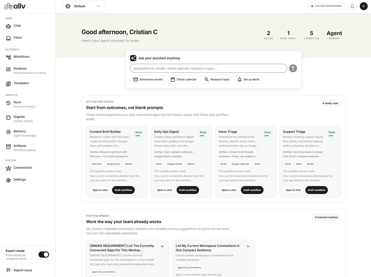 allv_ai's tweet photo. allv has evolved a lot.

It’s no longer just chat-based automation.

Now it’s an AI operations layer for:
• chat
• workflows
• smart inbox triage
• proactive briefings
• approvals
• memory
• connected execution across your stack

https://t.co/7RlYwsh2es https://t.co/NsYVe4W84R