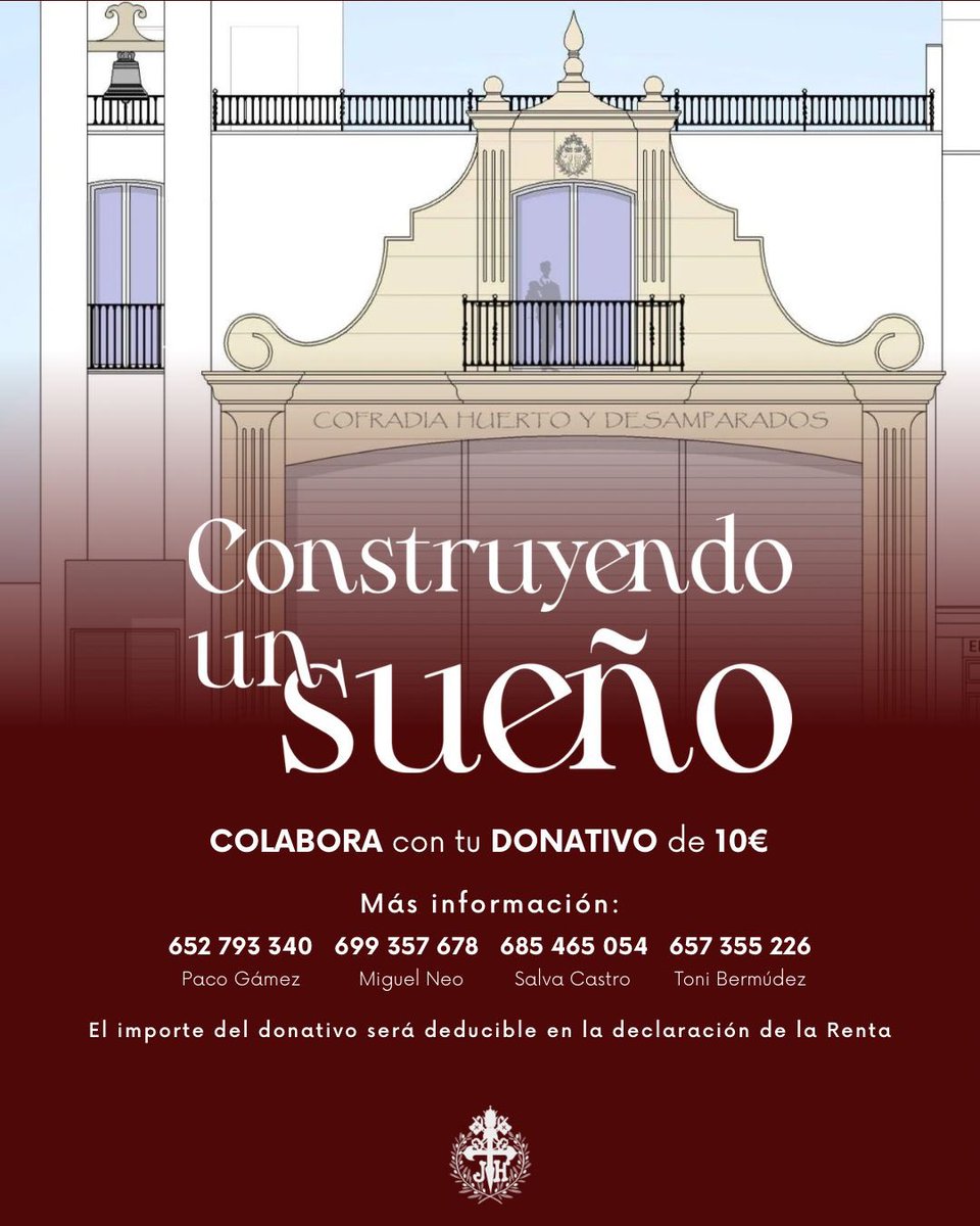 CONSTRUYENDO UN SUEÑO…

Seguimos construyendo el sueño de todos con las miras puestas en el Miércoles Santo de 2027.

Proseguimos con la siguiente fase de adecuación del salón de tronos y fachada. Para ello puedes contribuir con un donativo a hacerlo realidad. Hemos fijado el
