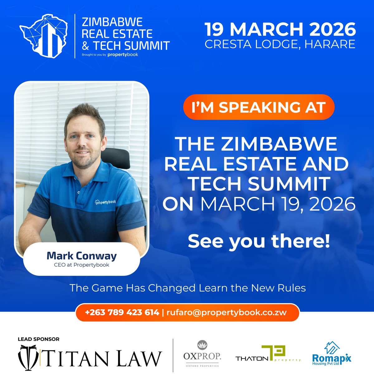 I'll be speaking at the Zimbabwe Real Estate and Tech Summit on March 19!

For one day only, come and hear presentations and insights from experts that will help you stay relevant in Zimbabwe's lucrative but rapidly shifting real estate market.

See you there!