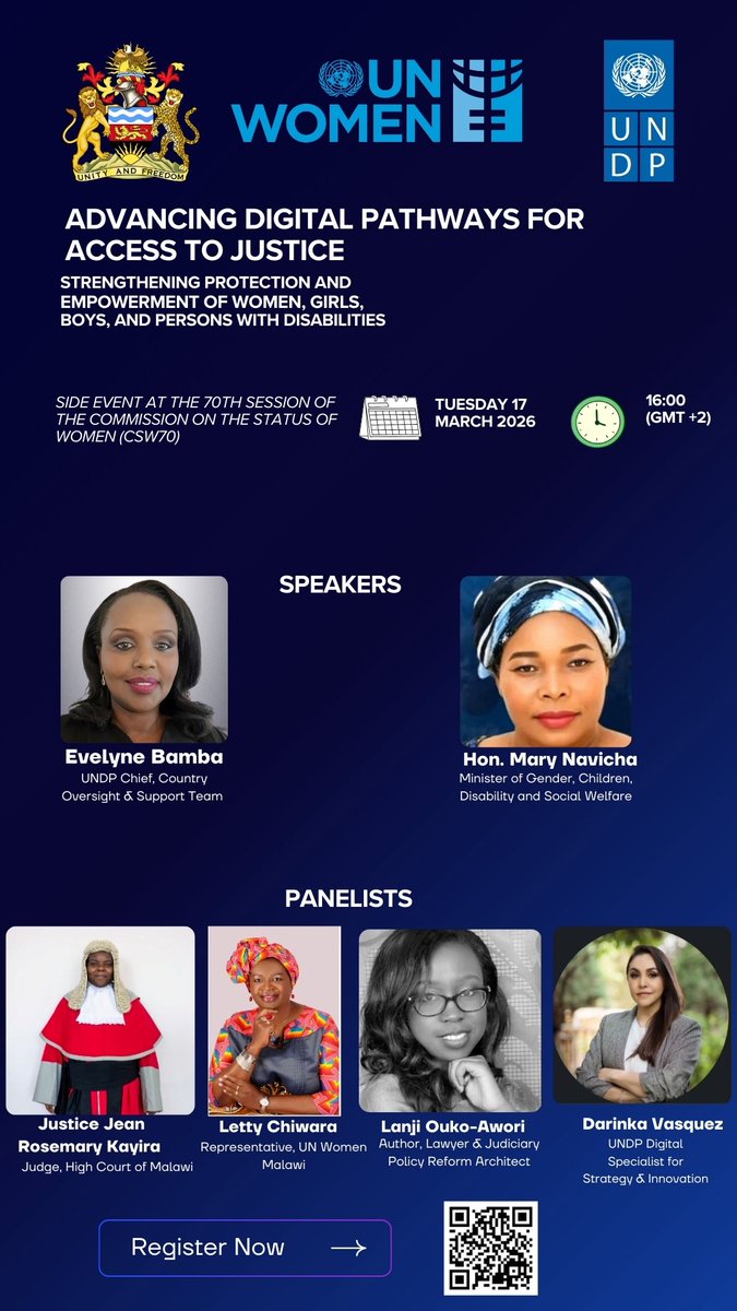 UNDPAfrica's tweet image. 📢 #HappeningNow! Join #Malawi, @UNDP &amp;amp; partners from across Africa at #CSW70 as we explore how digital innovations are transforming access to justice.

Featuring insights from survivors, justice institutions &amp;amp; regional experts. Register: lnkd.in/dNQYM55P