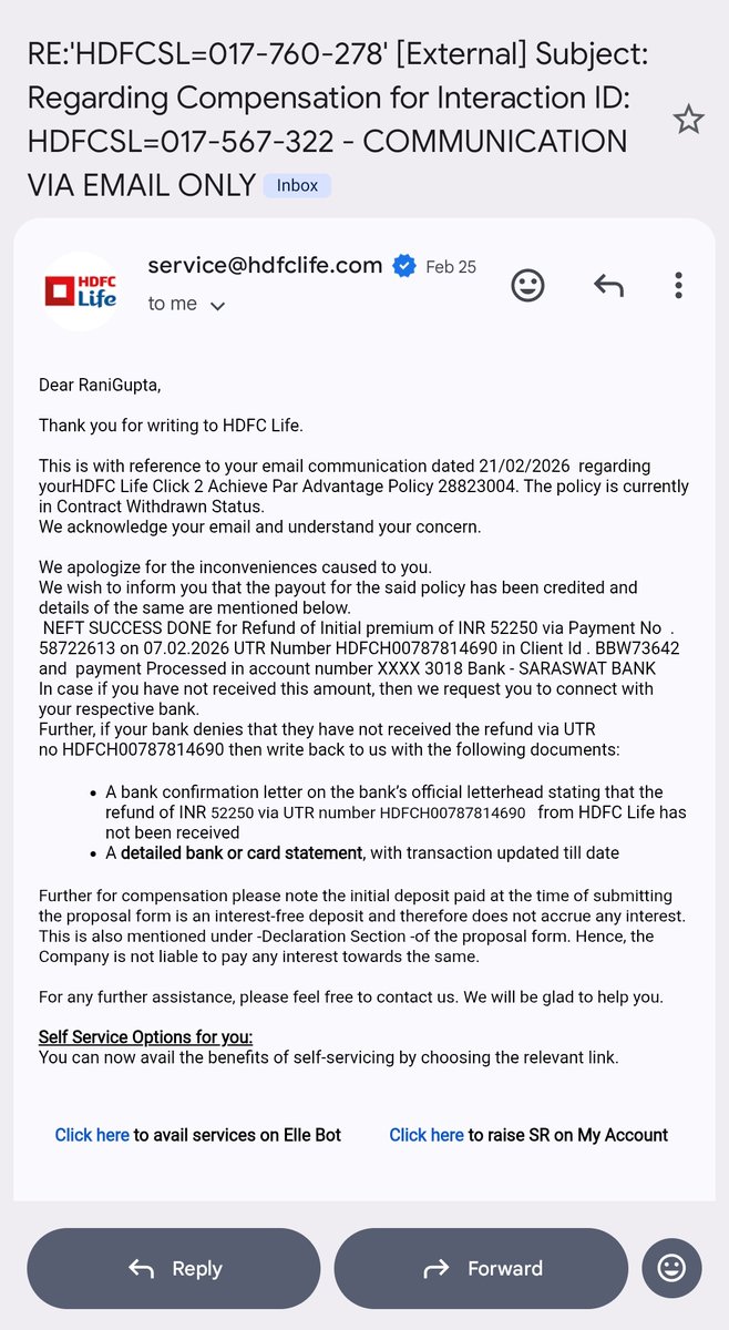 rg0021818's tweet photo. @HDFCLife @HDFCLife_Cares Staff did Signature Forgery! Promised interest twice but paid ₹0. My career as a student is at risk. I demand ₹5L compensation for this fraud!Ref  HDFCSL=017-567-322
RBI: N202526013028136@RBI @CPMumbaiPolice @jagograhakjago @aajtak @abpmajhatv @ZeeNews https://t.co/bVktHgAotr