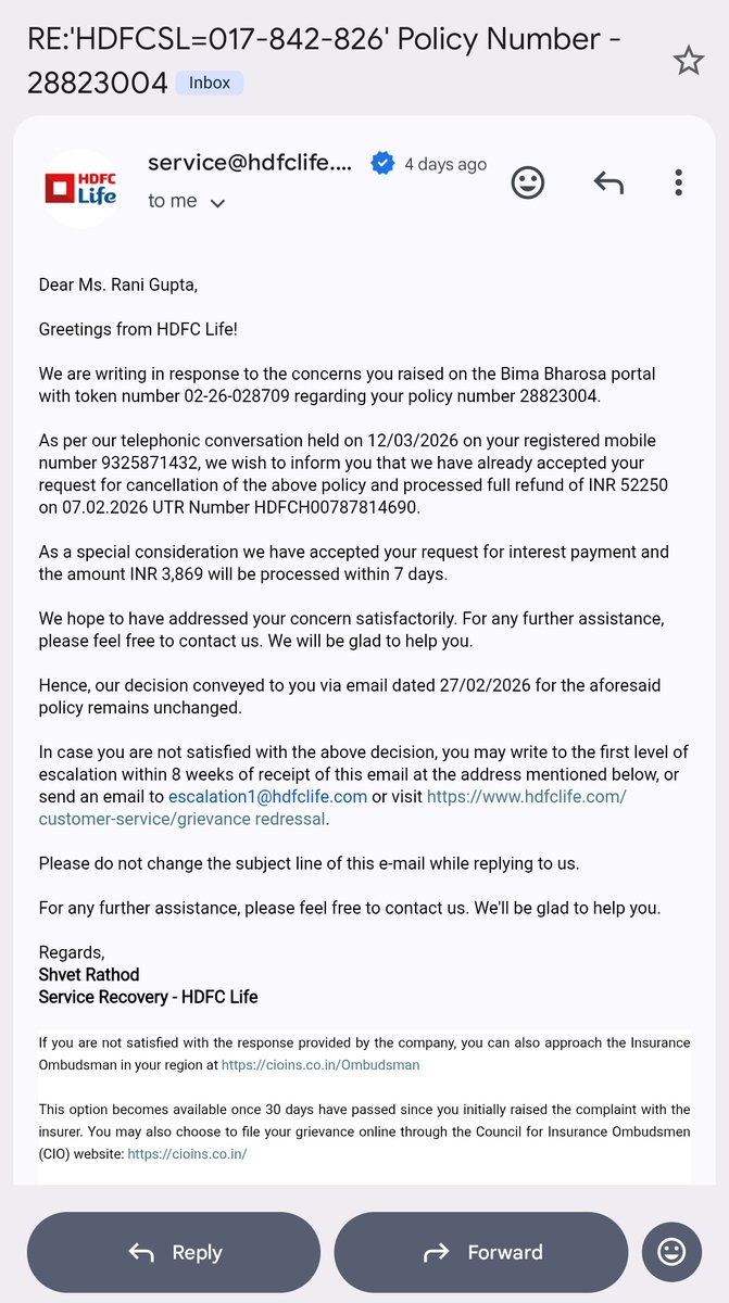 rg0021818's tweet photo. @HDFCLife @HDFCLife_Cares Staff did Signature Forgery! Promised interest twice but paid ₹0. My career as a student is at risk. I demand ₹5L compensation for this fraud!Ref  HDFCSL=017-567-322
RBI: N202526013028136@RBI @CPMumbaiPolice @jagograhakjago @aajtak @abpmajhatv @ZeeNews https://t.co/bVktHgAotr