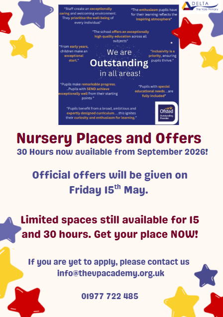 ⭐️From September 2026 we will be offering 15 and 30 hours for our Nursery. ⭐️
⭐️Please call or email the school office for further details. ⭐️
