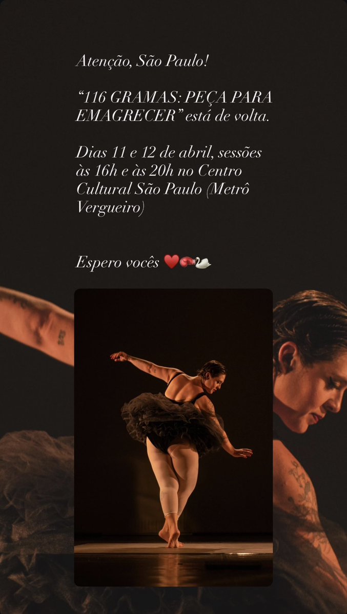 Alô, galera do Twitter! Sou uma atriz independente que depende muito do boca a boca (conhecido por divulgação) para ter público e dar vida longa ao meu espetáculo, e consequentemente da minha amada equipe que precisa trabalhar. Dito isso, salvem na agendinha e venham ao teatro!