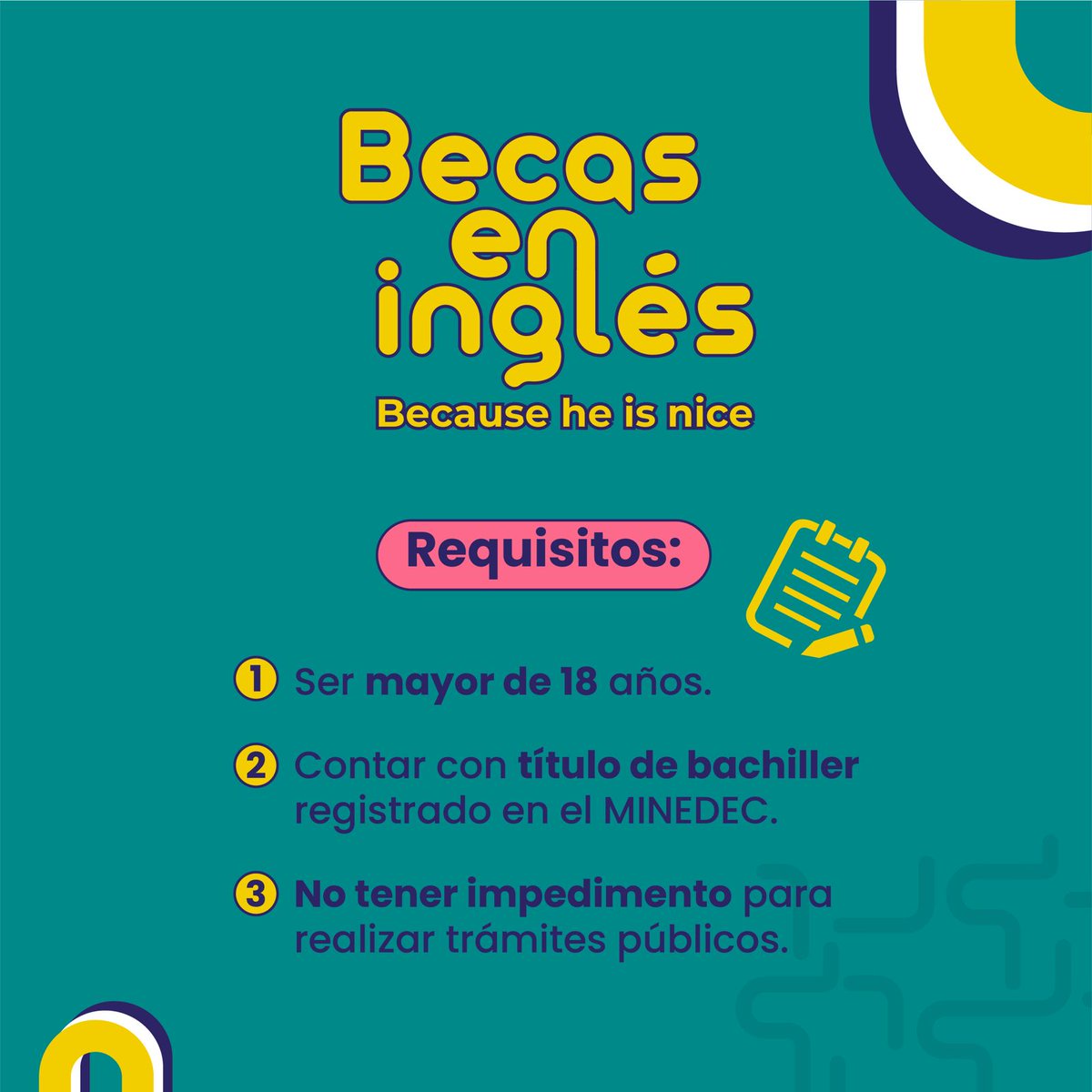 EducacionZ3_Ec's tweet photo. 🚨 ¡Nuevo plazo, nueva oportunidad! Si quieres estudiar inglés con el programa de becas #BecauseHeIsNice, todavía estás a tiempo de postular.

📅 Nuevo plazo: 27 de marzo

Te contamos los requisitos que necesitas para aplicar.

👉 https://t.co/GPCHlXRQDf 
#ElNuevoEcuador https://t.co/TEOCPH6Bqt