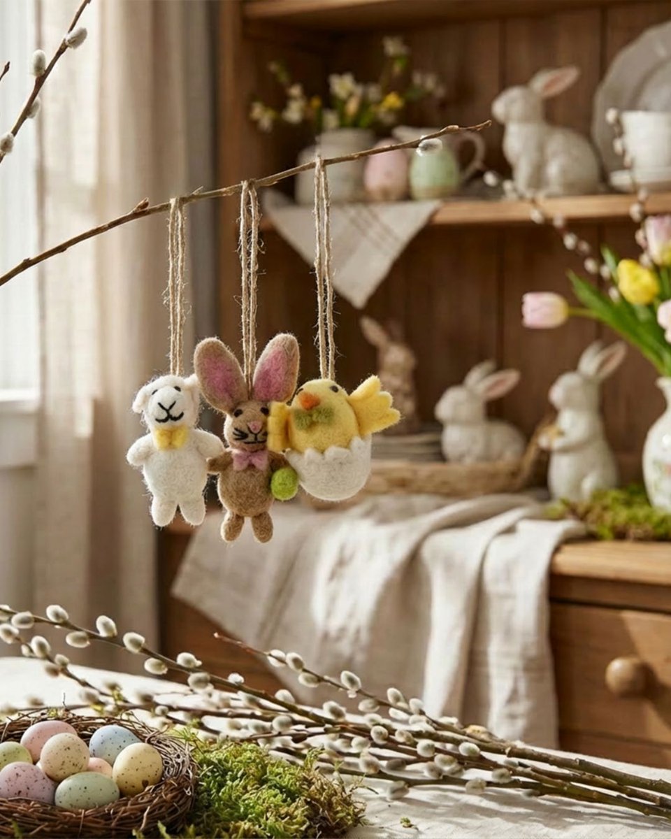 felt_so_good's tweet image. Easter Squad Goals 🐑🐰🐥
Three little besties bringing springtime energy wherever they hang. 
#FeltSoGood #EasterTree #EasterDecorations #NeedleFelting #FeltAnimals