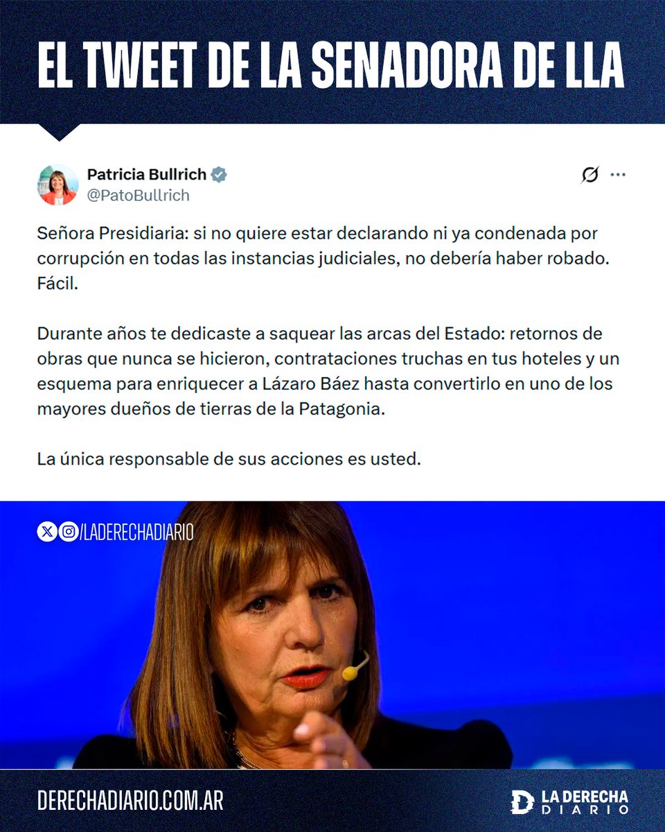 🚨🇦🇷 | BASADA: La senadora Patricia Bullrich humilló a la expresidente condenada por corrupción, Cristina Kirchner, quien salió a llorar sobre una supuesta "persecución judicial" durante su indagatoria en la causa "Cuadernos".

"Señora Presidiaria: si no quiere estar declarando